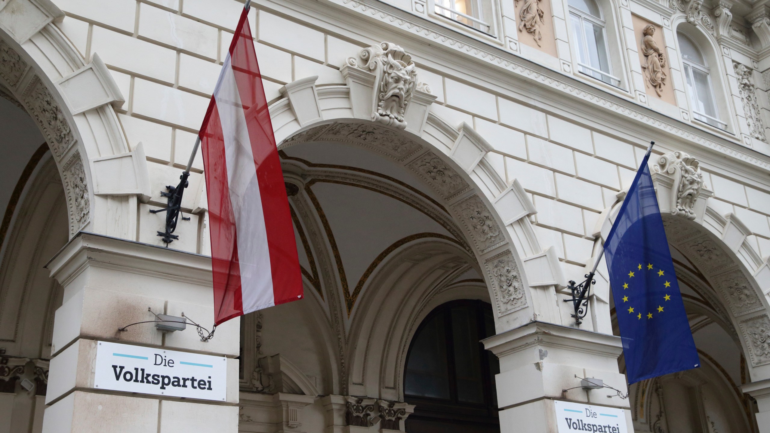 Exterior view of the Austrian Peoples' Party's headquarters in Vienna, Austria, Sunday, Jan. 05, 2025. (AP Photo/Heinz-Peter Bader)