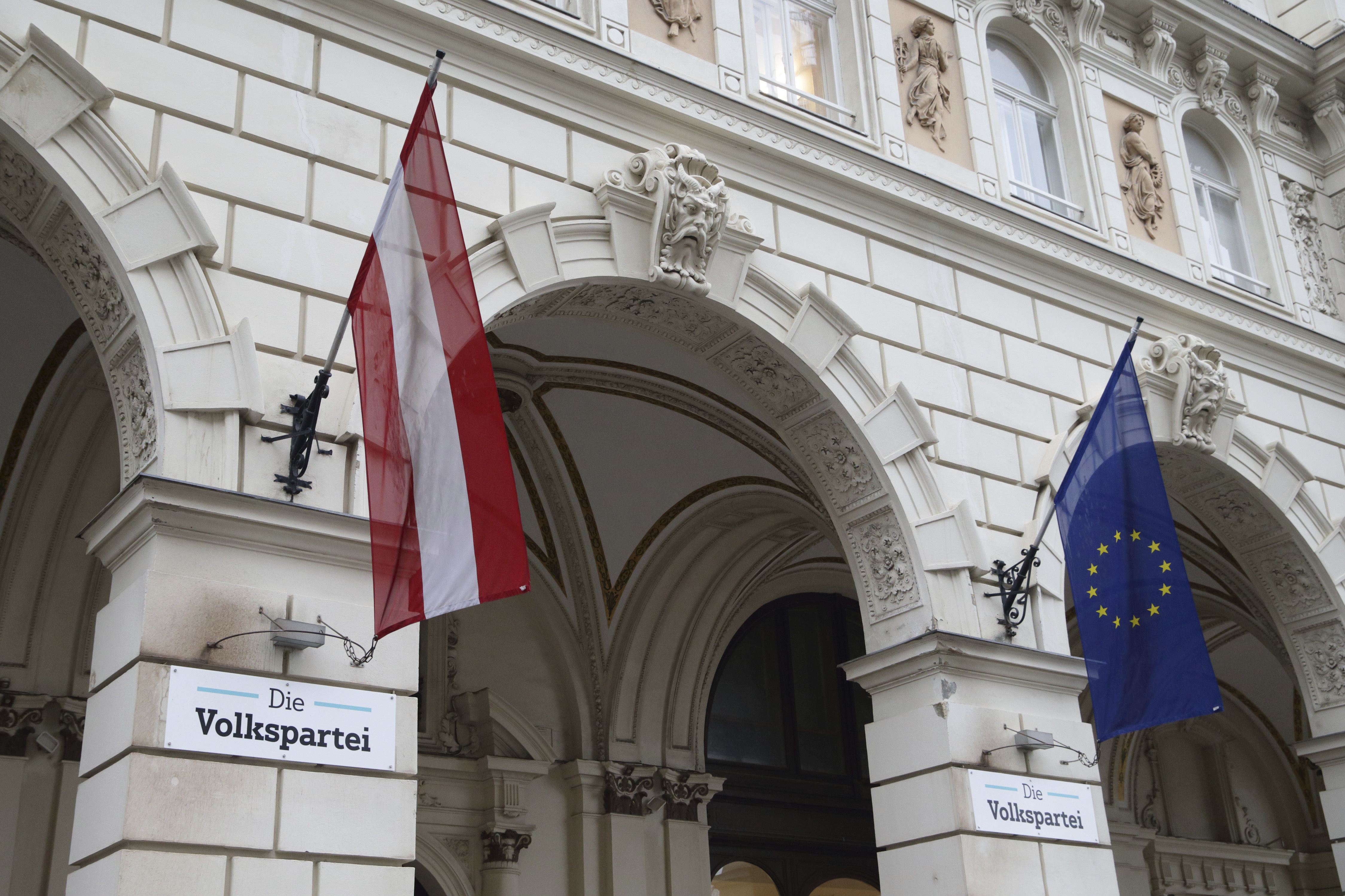 Exterior view of the Austrian Peoples' Party's headquarters in Vienna, Austria, Sunday, Jan. 05, 2025. (AP Photo/Heinz-Peter Bader)