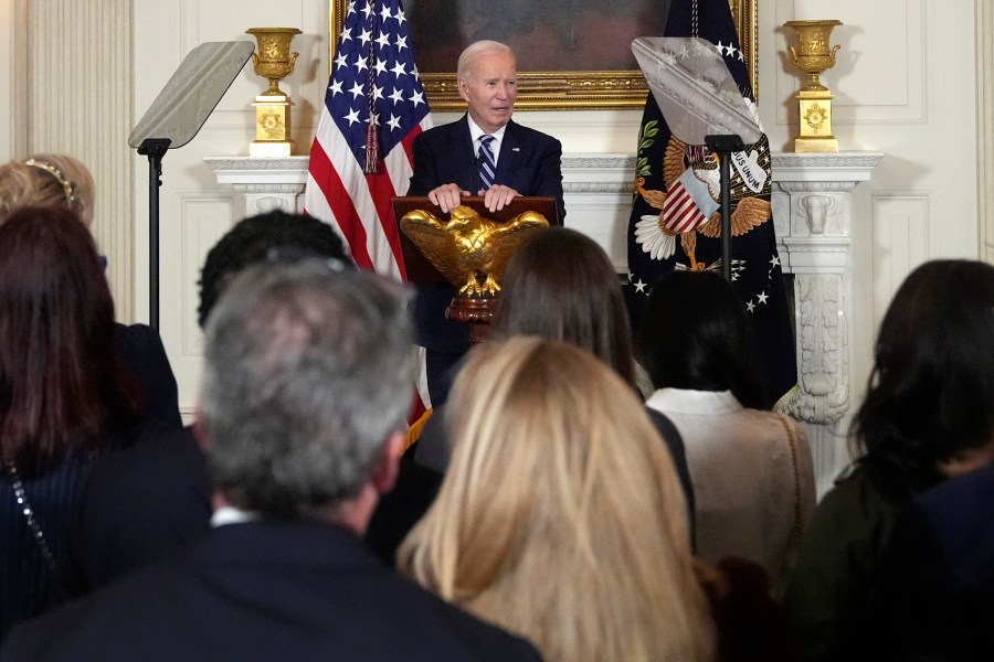 President Joe Biden speaks at a reception for new Democratic members of Congress in the State Dining Room of the White House, Sunday, Jan. 5, 2025, in Washington. (AP Photo/Manuel Balce Ceneta)