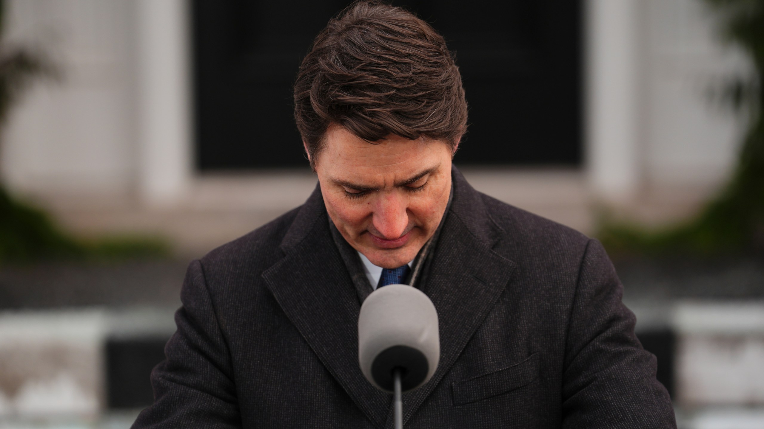 Canada Prime Minister Justin Trudeau announces his resignation as Liberal leader and prime minister outside Rideau Cottage in Ottawa on Monday, Jan. 6, 2025. (Sean Kilpatrick/The Canadian Press via AP)