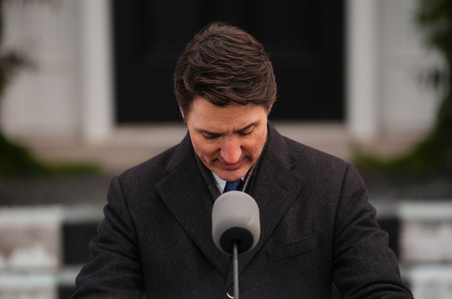 Canada Prime Minister Justin Trudeau announces his resignation as Liberal leader and prime minister outside Rideau Cottage in Ottawa on Monday, Jan. 6, 2025. (Sean Kilpatrick/The Canadian Press via AP)