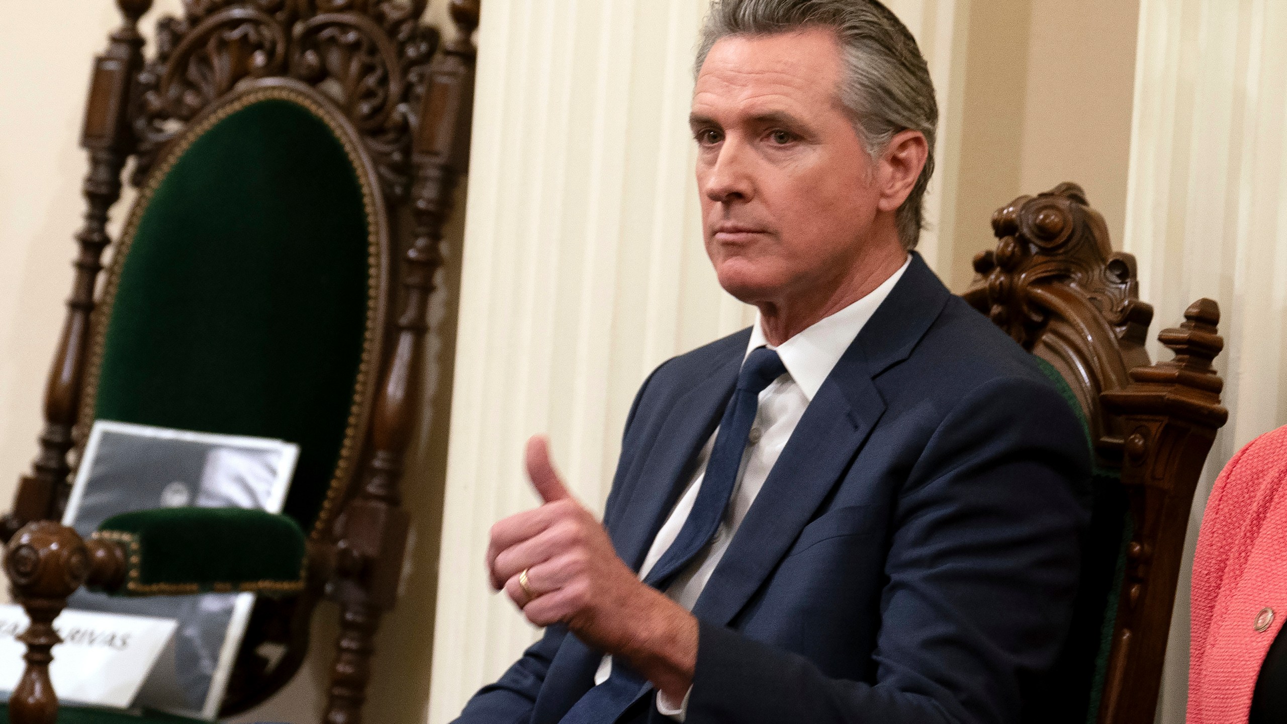 FILE - California Gov. Gavin Newsom gives a "thumbs up" talks while attending the Assembly's Organizational Session in Sacramento, Calif., Dec. 2, 2024. (AP Photo/Rich Pedroncelli, file)