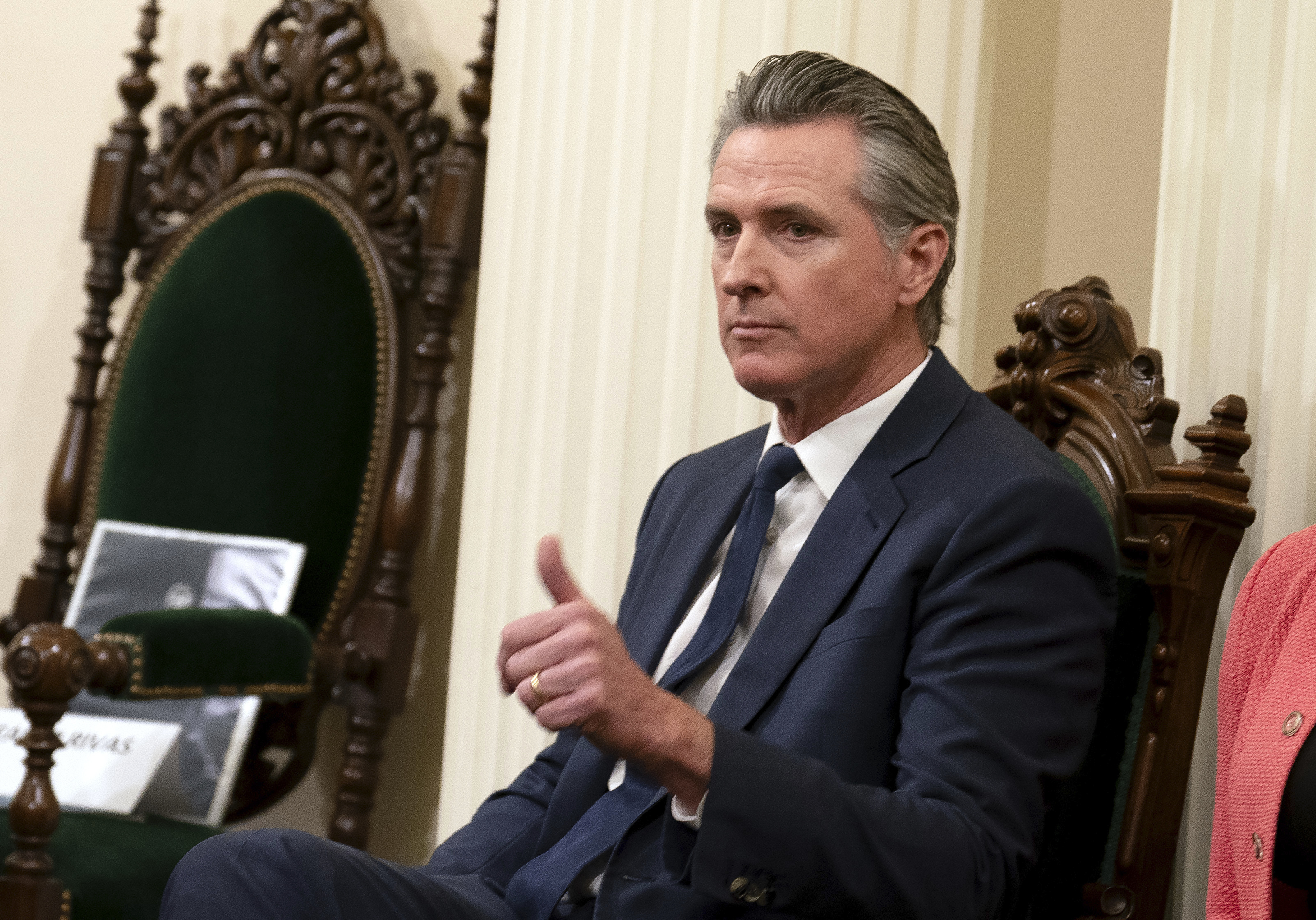 FILE - California Gov. Gavin Newsom gives a "thumbs up" talks while attending the Assembly's Organizational Session in Sacramento, Calif., Dec. 2, 2024. (AP Photo/Rich Pedroncelli, file)