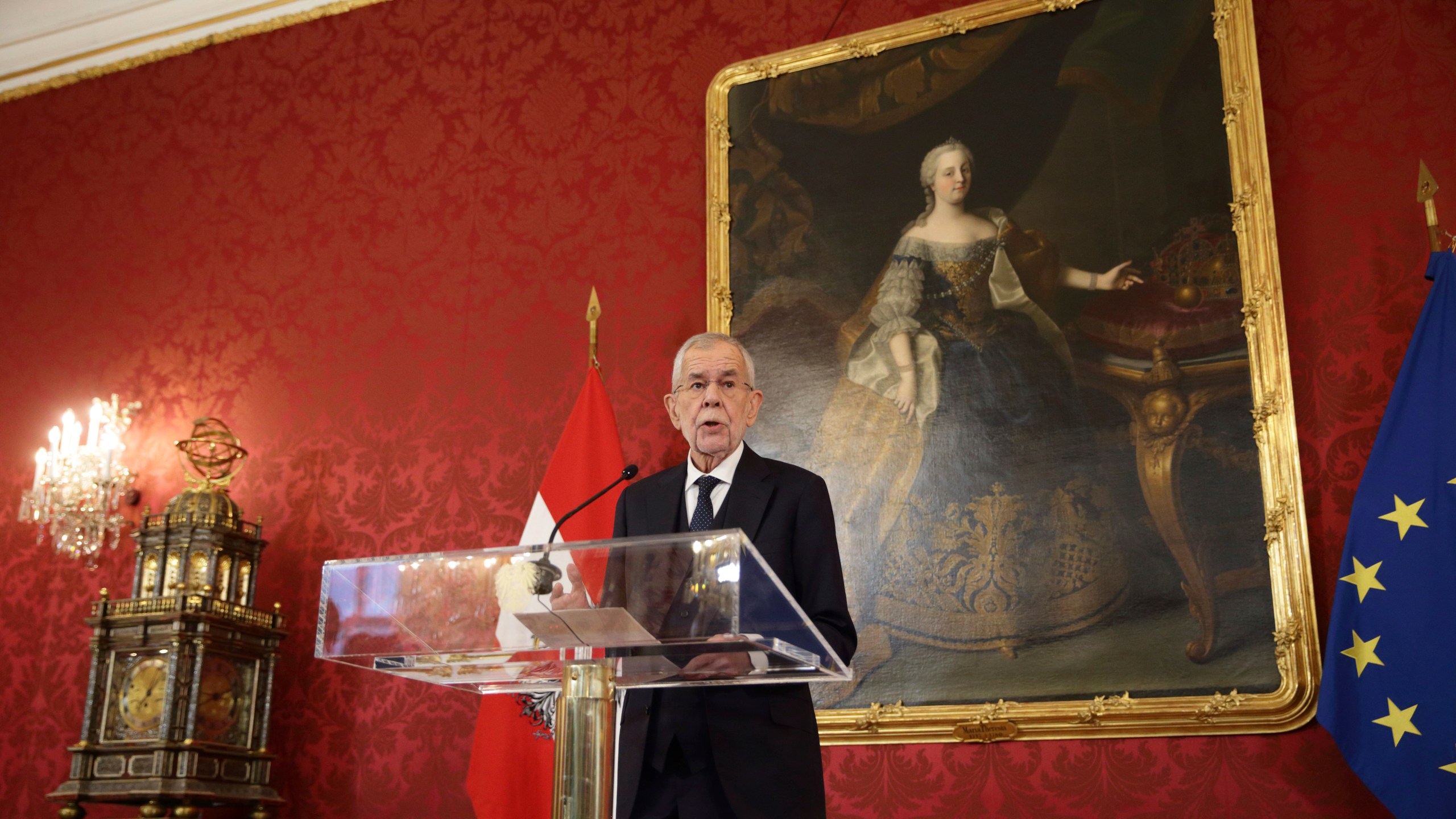 Austria's President Alexander Van der Bellen addresses the media during a news conference at the presidential office, in Vienna, Austria, Monday, Jan. 6, 2025. (AP Photo/Heinz-Peter Bader)