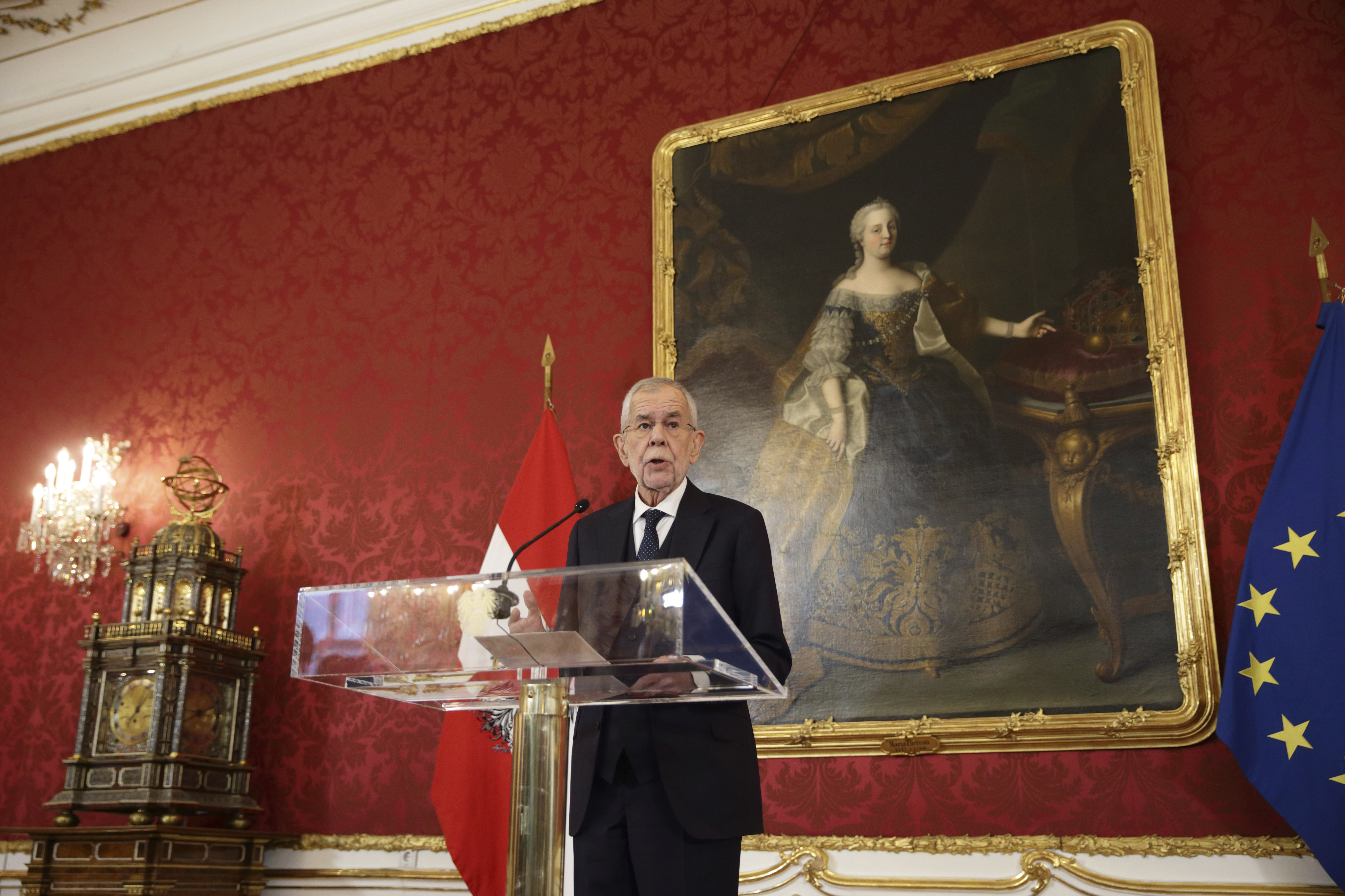 Austria's President Alexander Van der Bellen addresses the media during a news conference at the presidential office, in Vienna, Austria, Monday, Jan. 6, 2025. (AP Photo/Heinz-Peter Bader)