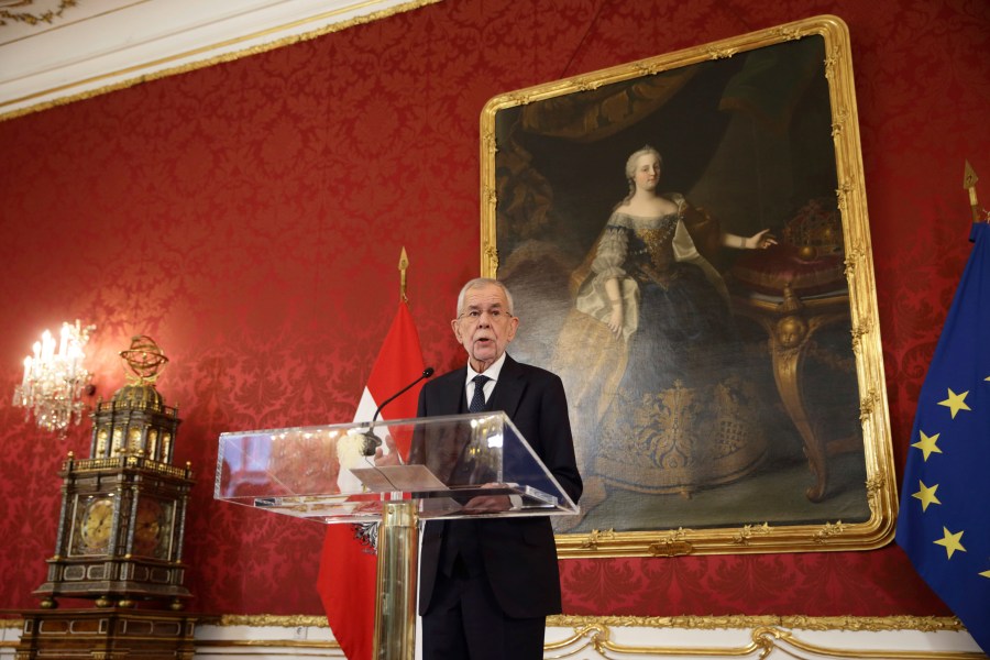 Austria's President Alexander Van der Bellen addresses the media during a news conference at the presidential office, in Vienna, Austria, Monday, Jan. 6, 2025. (AP Photo/Heinz-Peter Bader)