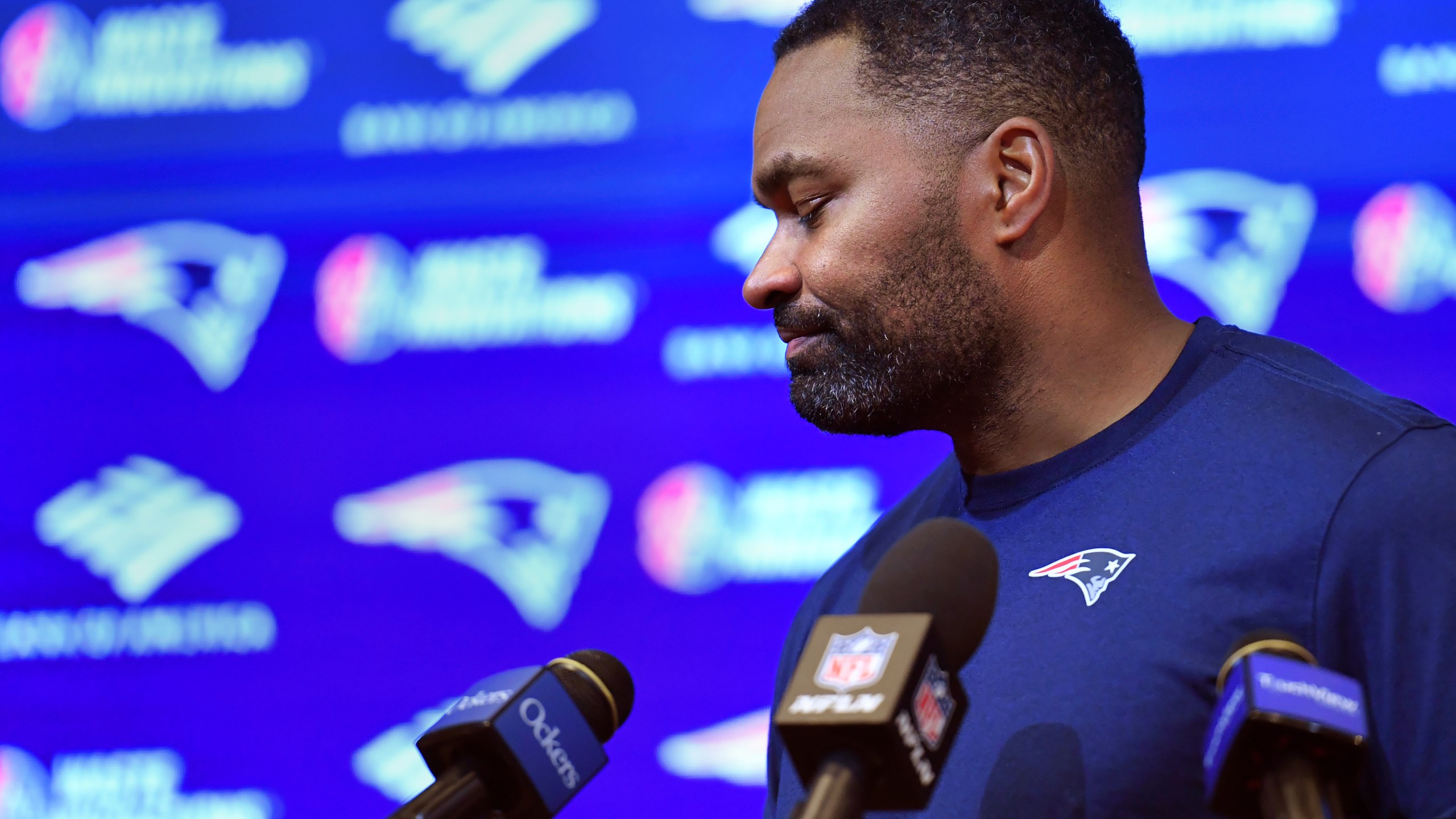 New England Patriots head coach Jerod Mayo departs after answering questions following an NFL football game against the Buffalo Bills, Sunday, Jan. 5, 2025, in Foxborough, Mass. Mayo was fired shortly after the news conference. (AP Photo/Steven Senne)