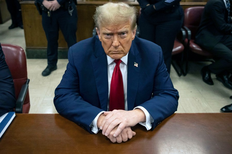 FILE - Former President Donald Trump waits for the start of proceedings in Manhattan criminal court, April 23, 2024, in New York. (AP Photo/Yuki Iwamura, Pool, File)