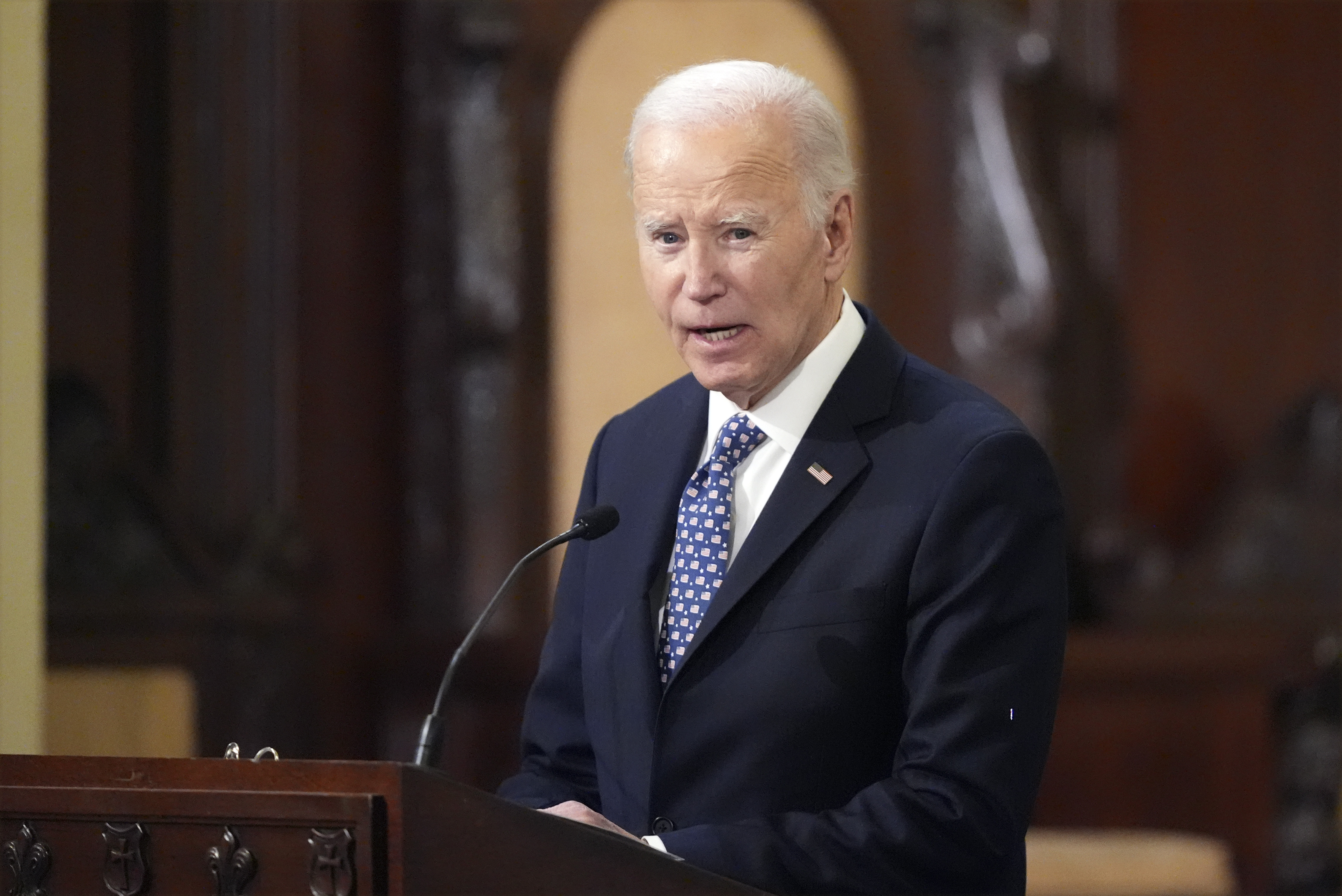 President Joe Biden speaks during an interfaith prayer service for the victims of the deadly New Years truck attack, at St. Louis Cathedral in New Orleans, Monday, Jan. 6, 2025. (AP Photo/Gerald Herbert)