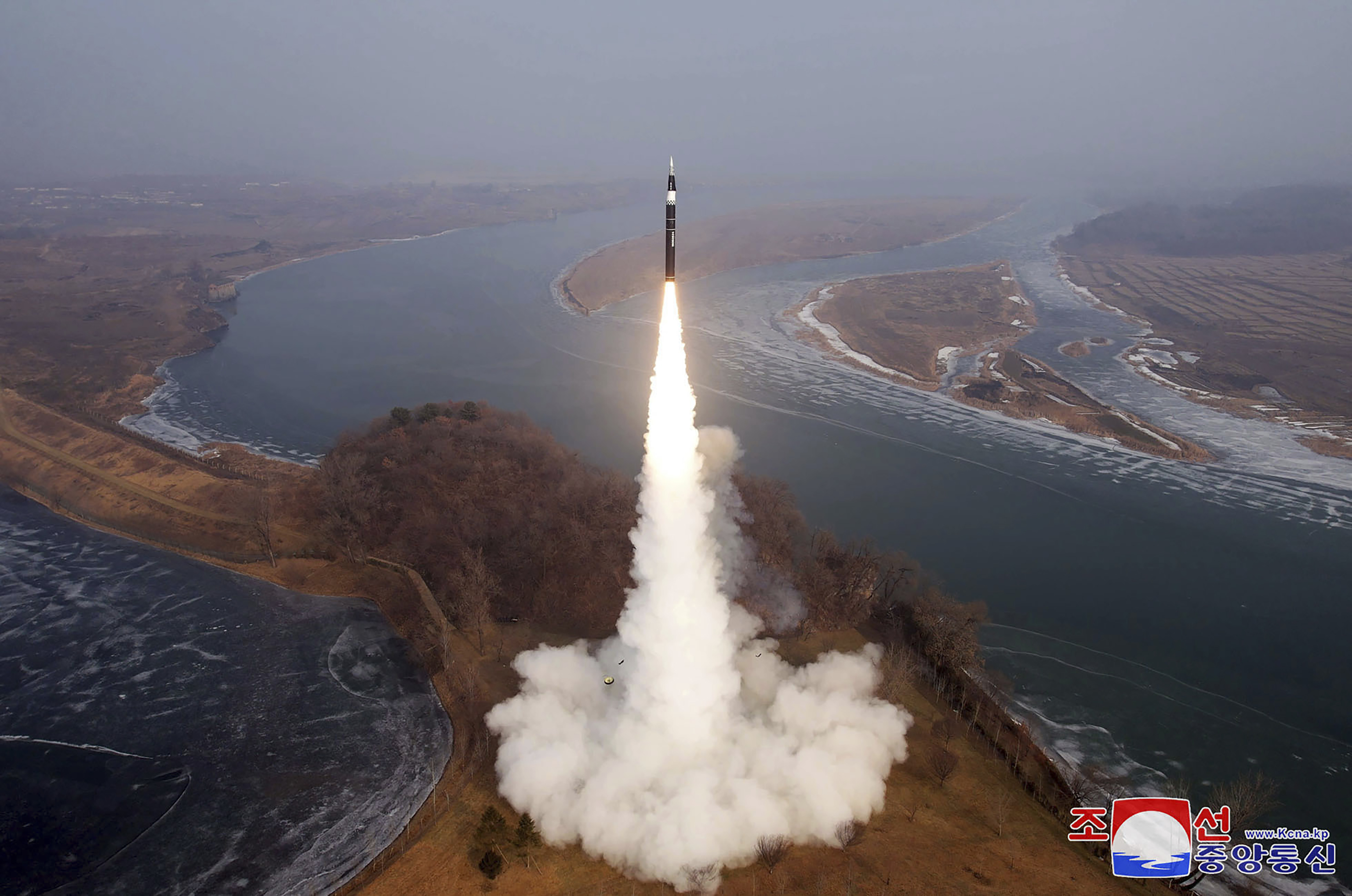 This photo provided by the North Korean government, shows what it says a test fire of new type intermediate-range hypersonic ballistic missile at an undisclosed place in North Korea Monday, Jan. 6, 2025. Independent journalists were not given access to cover the event depicted in this image distributed by the North Korean government. The content of this image is as provided and cannot be independently verified.Korean language watermark on image as provided by source reads: "KCNA" which is the abbreviation for Korean Central News Agency. (Korean Central News Agency/Korea News Service via AP)