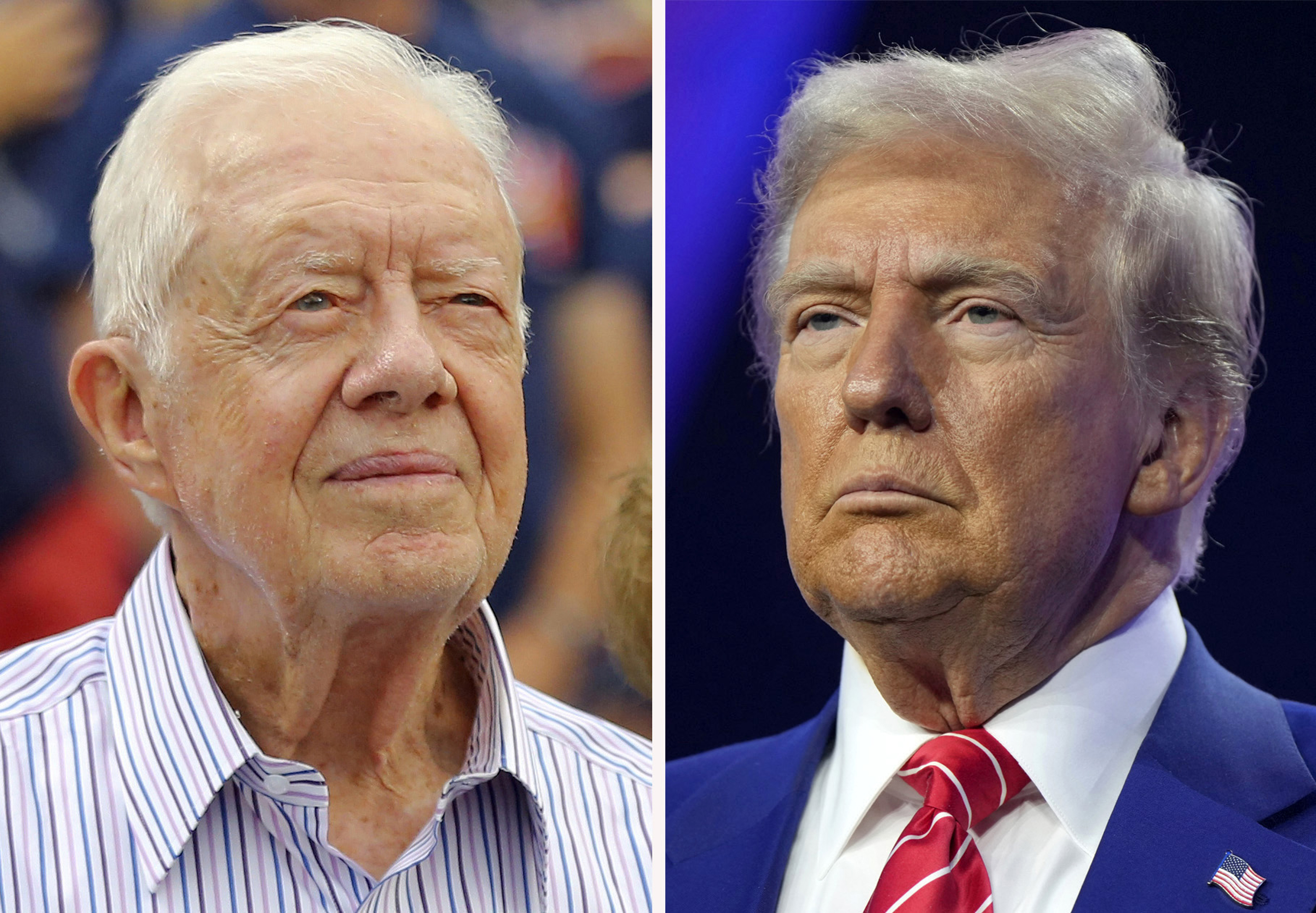 This combination photo shows former President Jimmy Carter, left, at a baseball game, June 10, 2015, in Atlanta and President-elect Donald Trump at AmericaFest, Dec. 22, 2024, in Phoenix. (AP Photo)