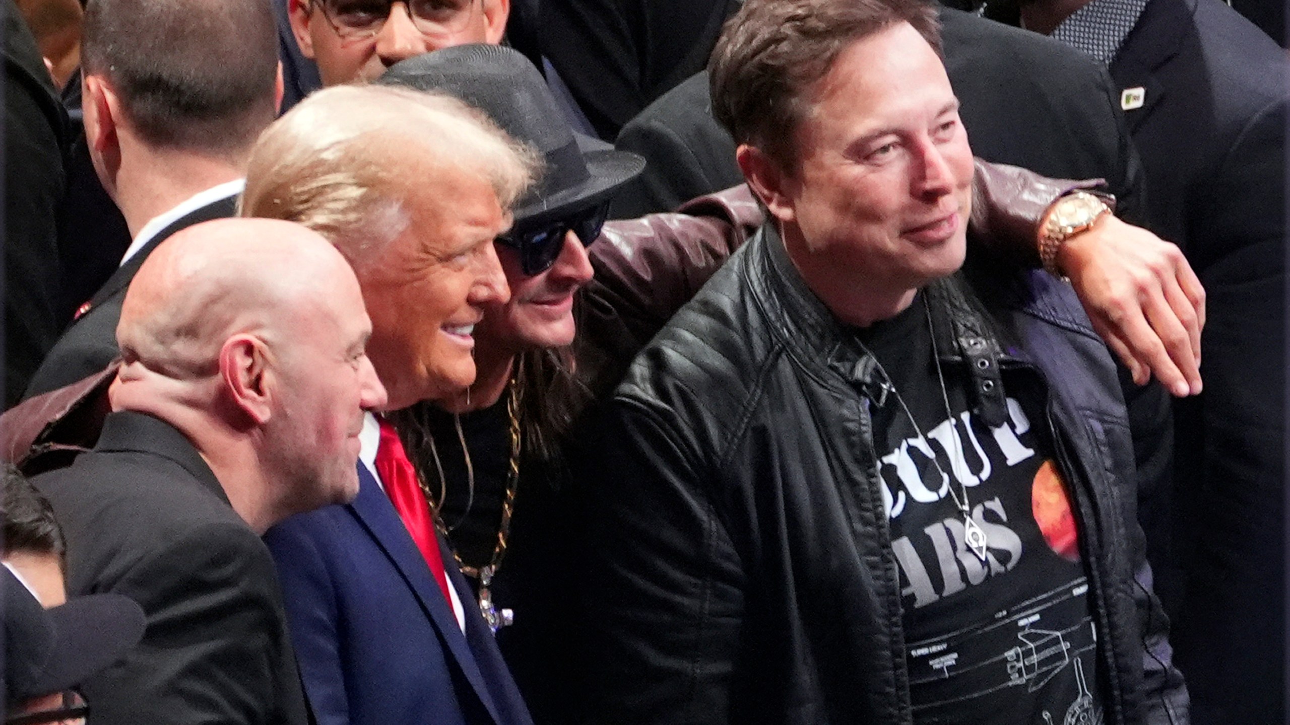 FILE - President-elect Donald Trump poses for a photo with Dana White, Kid Rock and Elon Musk at UFC 309 at Madison Square Garden, Nov. 16, 2024, in New York. (AP Photo/Evan Vucci, File)