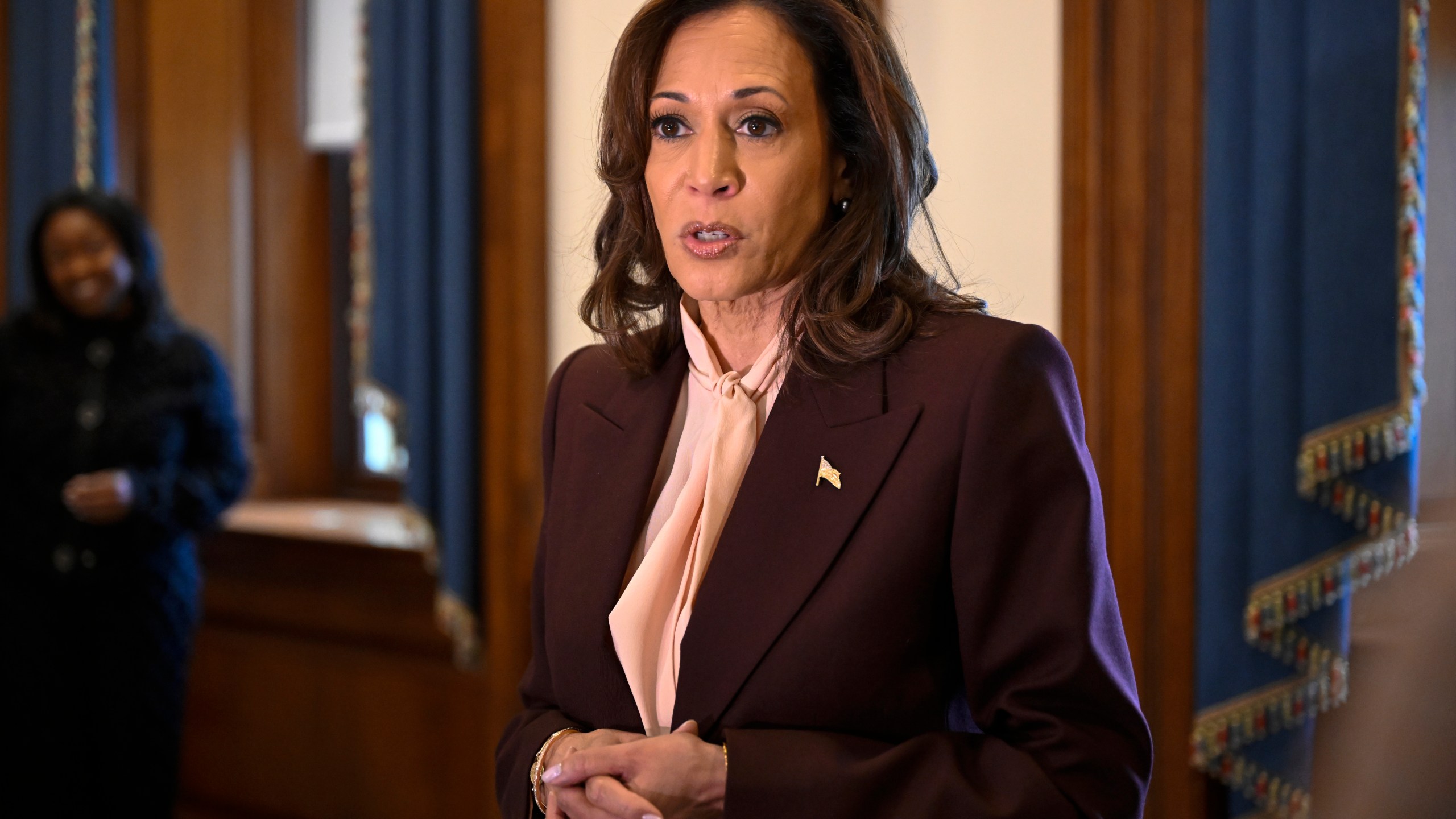 Vice President Kamala Harris addresses the media after overseeing the counting of the electoral ballots to certifying the 2024 presidential election in the House Chamber at the U.S. Capitol on Monday, Jan. 6, 2025, in Washington. (AP Photo/John McDonnell)