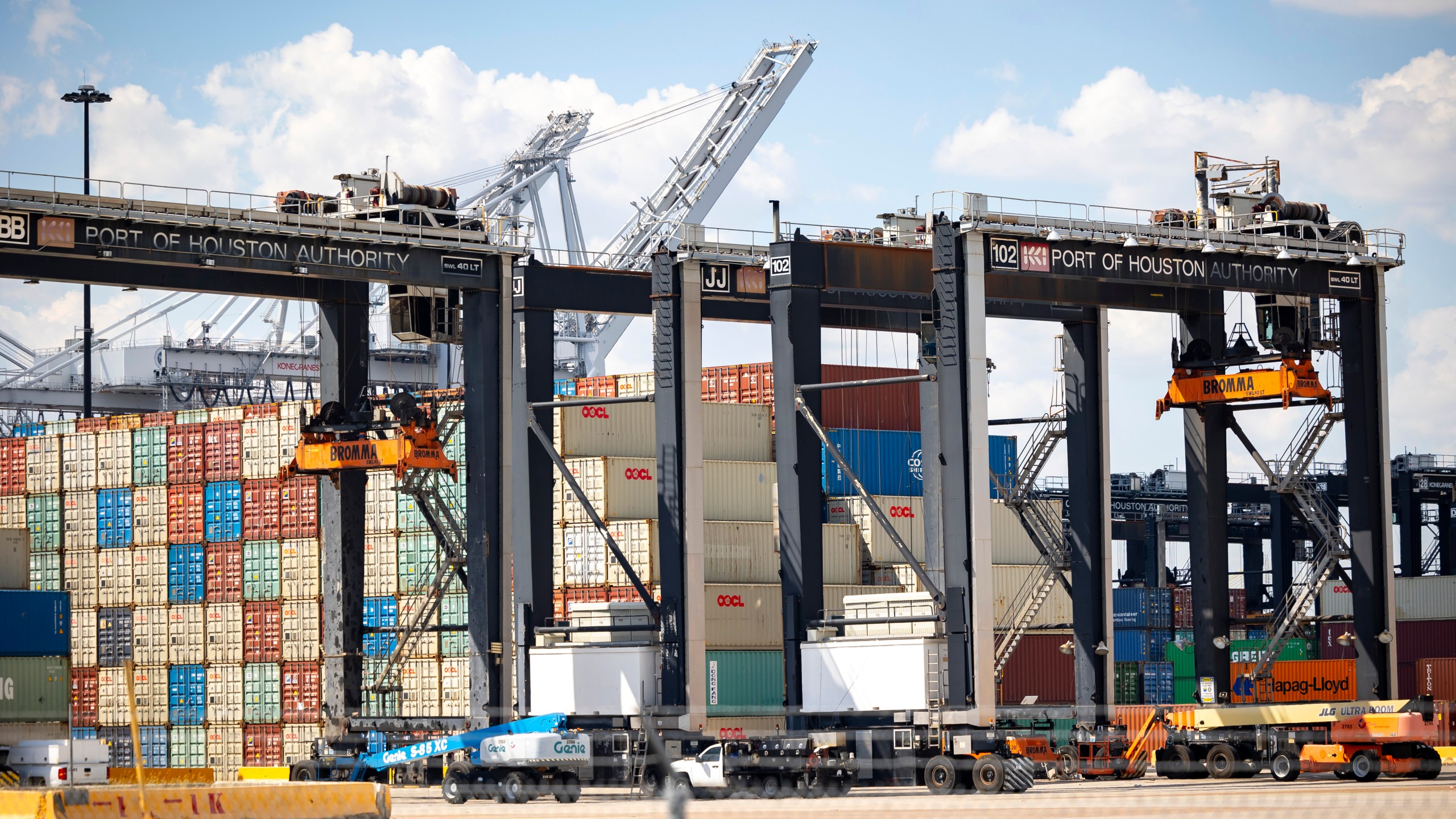 FILE - Work is completely stopped at the Barbours Cut Container Terminal during the first day of a dockworkers strike on Tuesday, Oct. 1, 2024, in Houston. (AP Photo/Annie Mulligan, File)