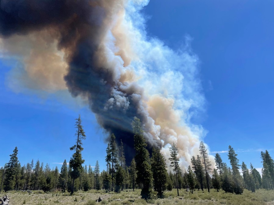 FILE - In this photo provided by the Deschutes County Sherriff's Office, smoke rises from a wildfire near La Pine, Ore., June 25, 2024. (Sgt. Kyle Kalambach/Deschutes County Sherriff's Office via AP, File)