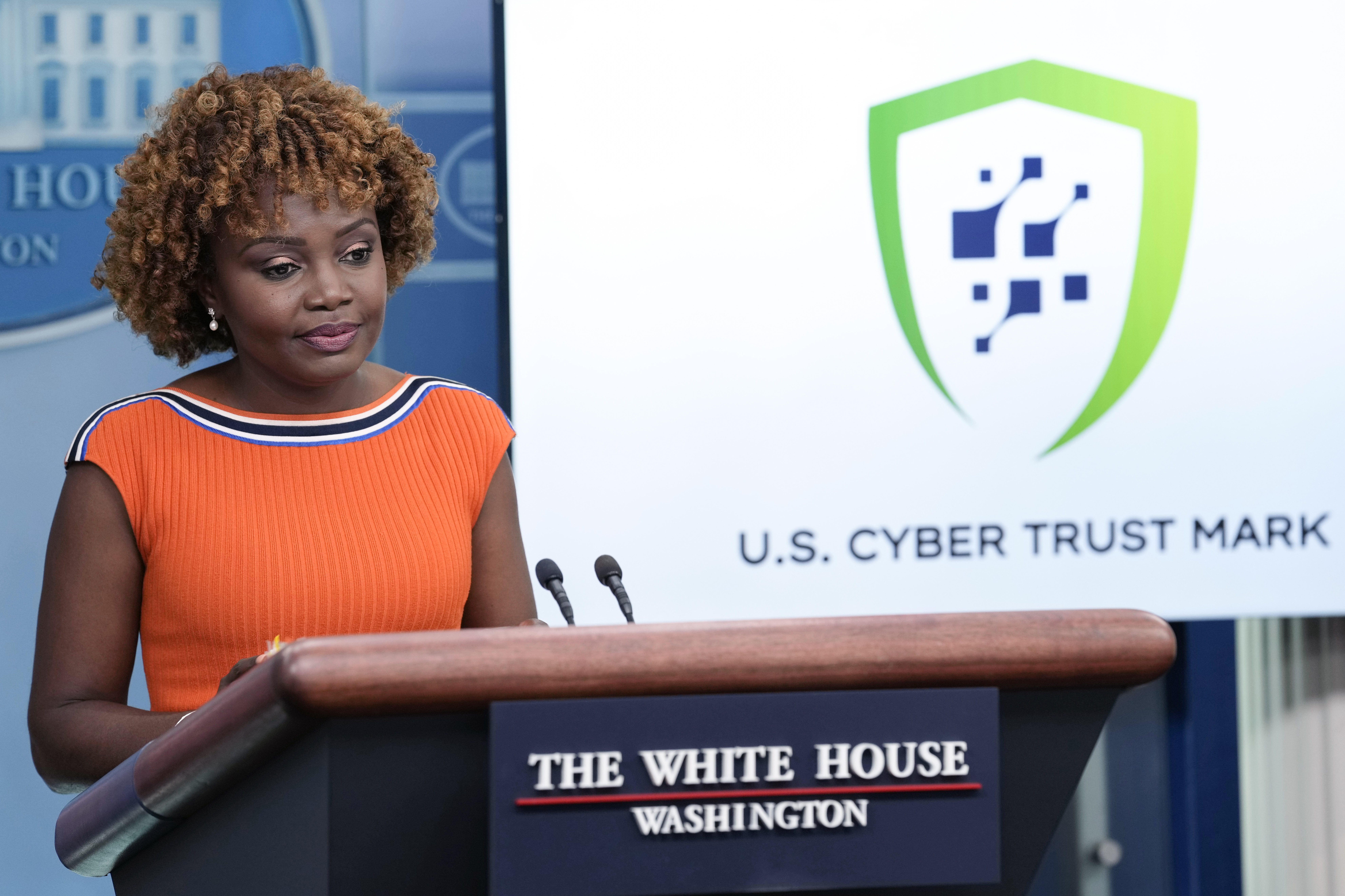 FILE - White House press secretary Karine Jean-Pierre talks about a cybersecurity certification and labeling program at the White House in Washington, July 18, 2023. The federal government is rolling out a consumer labeling system designed to help Americans pick smart devices that are less vulnerable to hacking. Under the voluntary program, called the U.S. Cyber Trust Mark Initiative, manufacturers can affix the label on their products if they meet federal cybersecurity standards. (AP Photo/Susan Walsh, File)