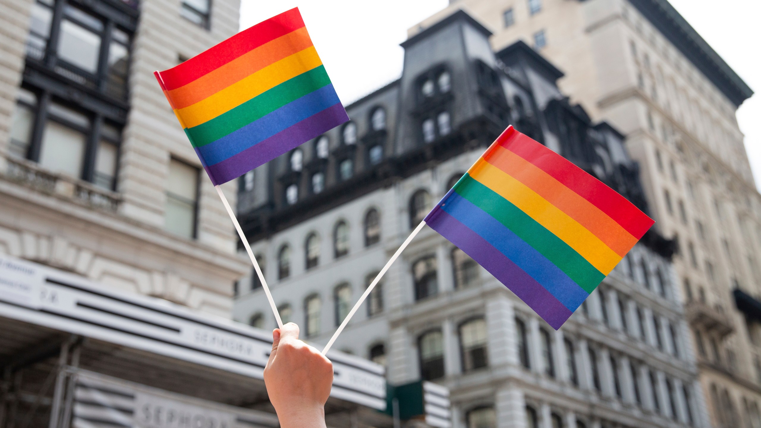 FILE - A person holds up LGTBQ+ pride flags during the Pride Parade in New York, June 24, 2018. (AP Photo/Steve Luciano, File)