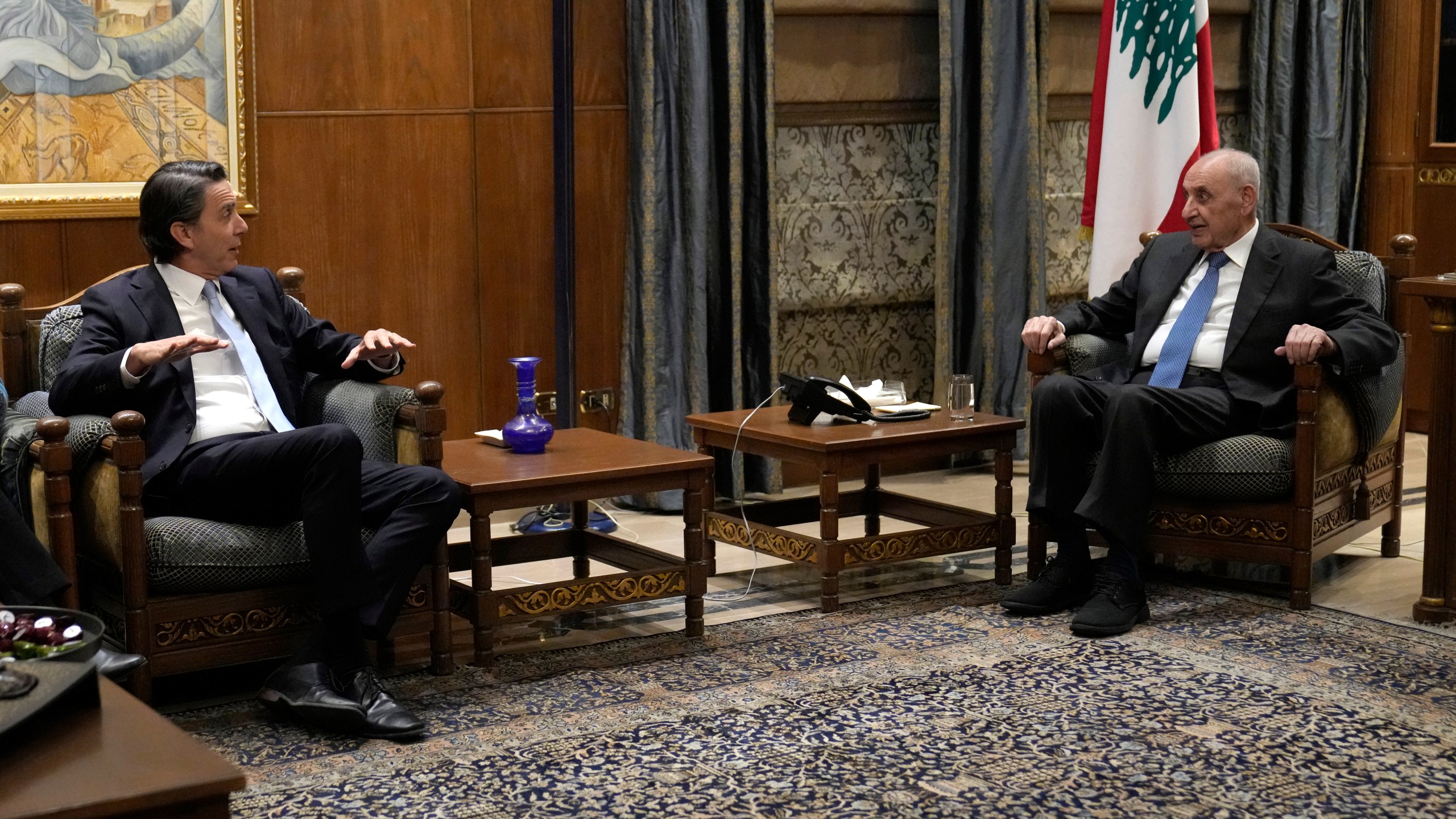 Amos Hochstein, left, a senior adviser to President Joe Biden, meets with Lebanese Parliament speaker Nabih Berri, in Beirut, Lebanon, Monday, Jan. 6, 2025. (AP Photo/Hussein Malla)