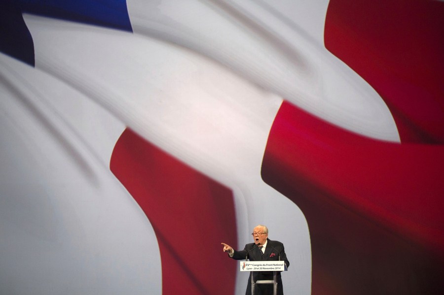 FILE - French far-right Front National former leader Jean-Marie Le Pen delivers a speech during the 15th congress of the party, in Lyon, central France, Saturday, Nov. 29, 2014. (AP Photo/Laurent Cipriani, File)