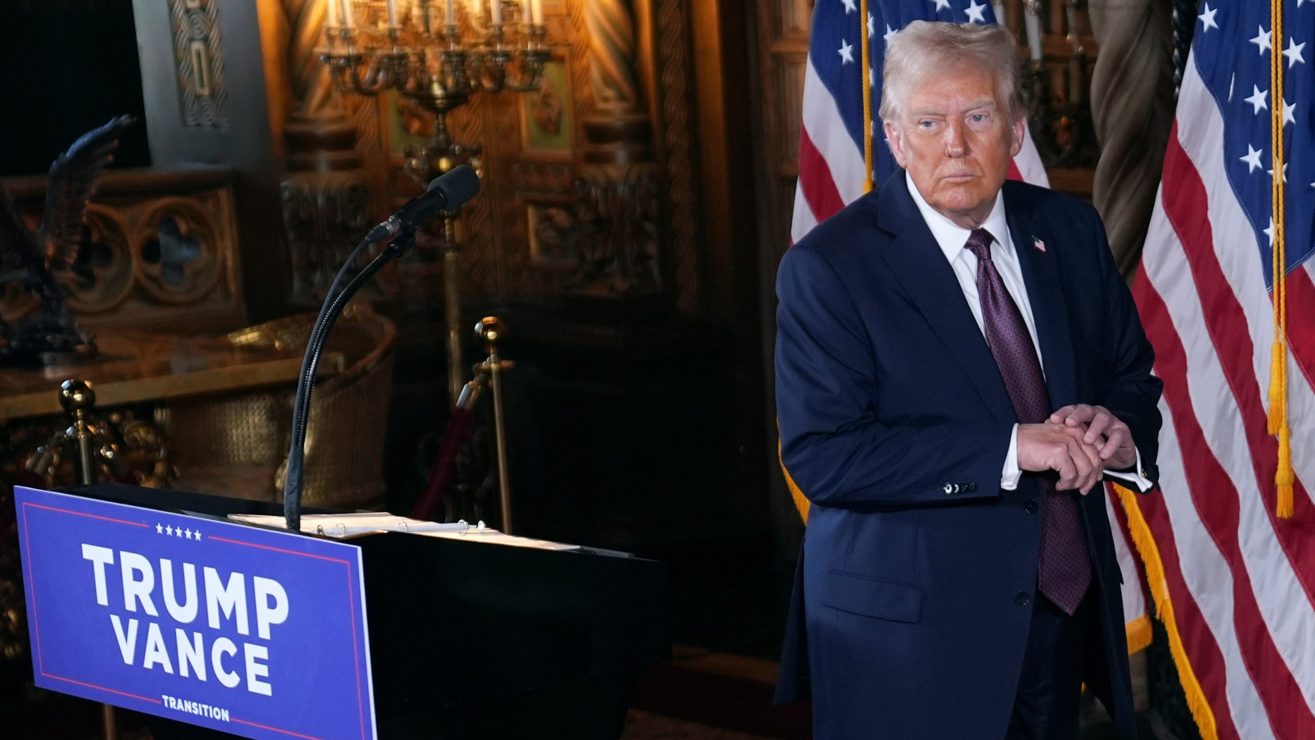 President-elect Donald Trump walks from the podium after a news conference at Mar-a-Lago, Tuesday, Jan. 7, 2025, in Palm Beach, Fla. (AP Photo/Evan Vucci)