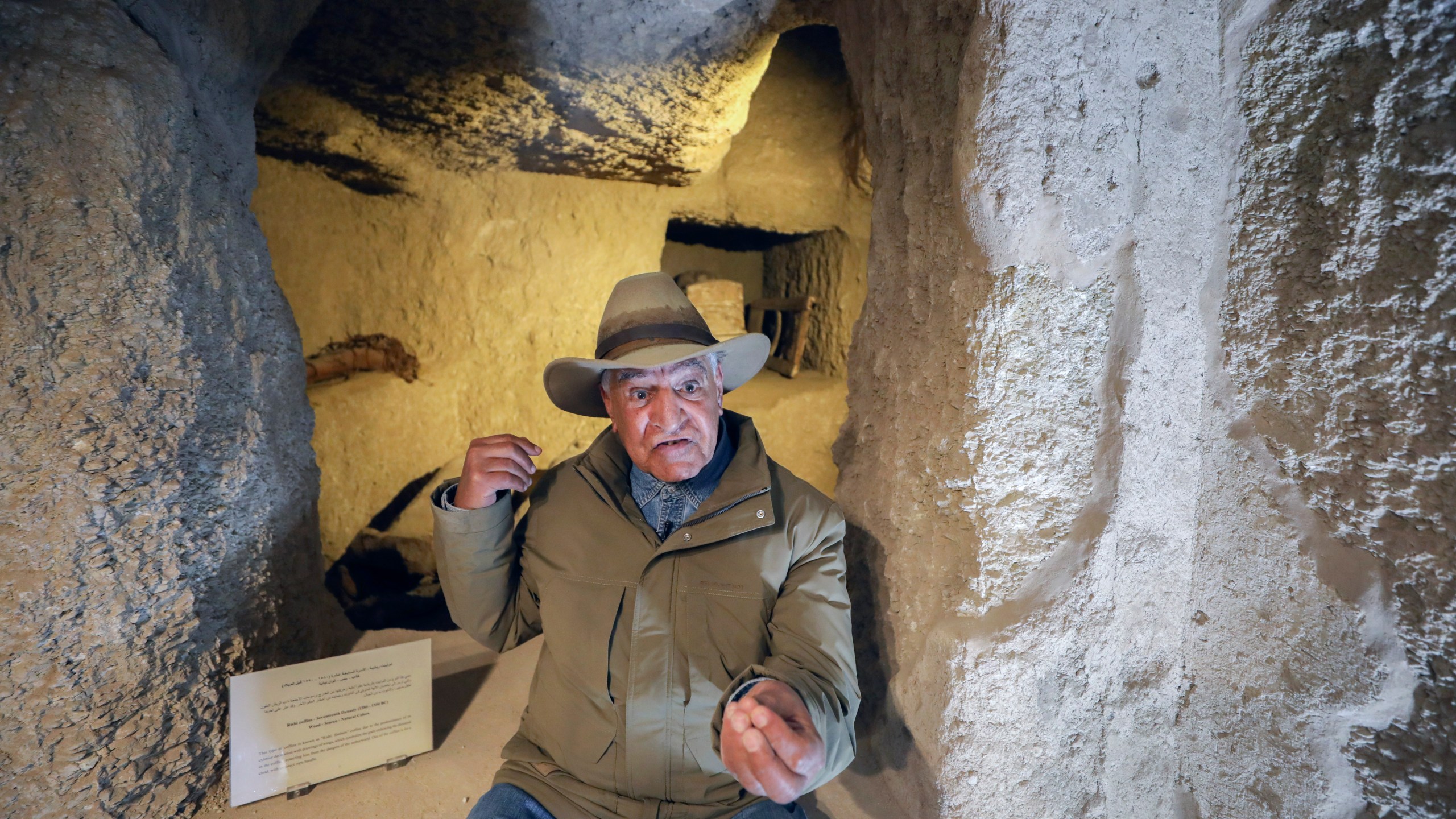 Egyptian archaeologist Zahi Hawass, the head of Zahi Hawass Foundation for Antiquities & Heritage, speaks at a recently discovered ancient rock-cut tomb at the causeway of Queen Hatshepsut's Funerary temple at Deir al-Bahri on the Nile's West Bank, in Luxor, Egypt, Wednesday, Jan. 8, 2025. (APPhoto/Khaled Elfiqi)