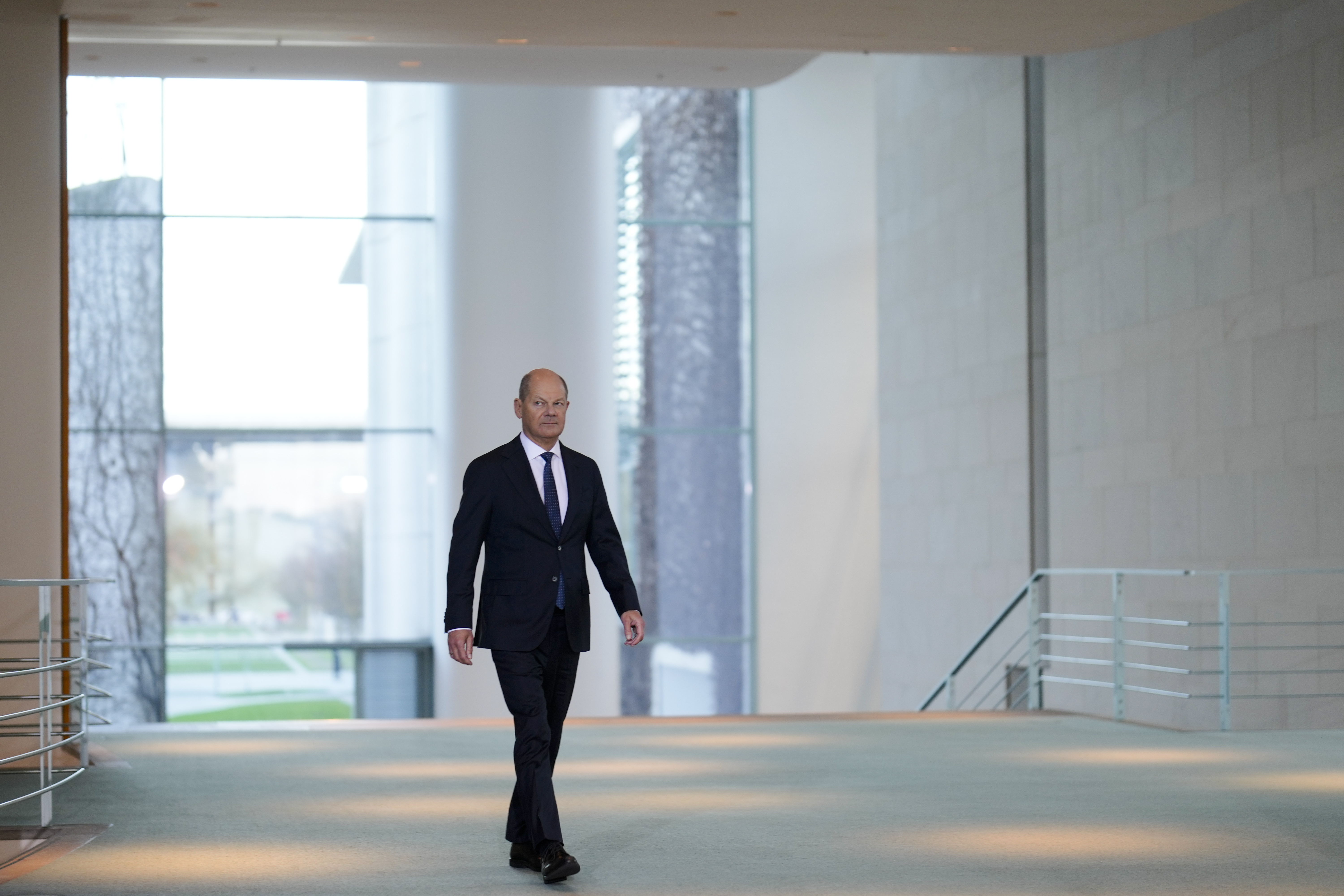 German Chancellor Olaf Scholz arrives for a statement at the chancellery in Berlin, Germany, Wednesday, Jan. 8, 2025. (AP Photo/Markus Schreiber)