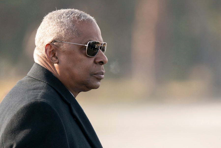 U.S. Secretary of Defense Lloyd Austin arrives at Camp Asaka, a Japan Ground Self-Defense Force base, on the outskirts of Tokyo, Wednesday, Dec. 11, 2024.(Tomohiro Ohsumi/Pool Photo via AP)