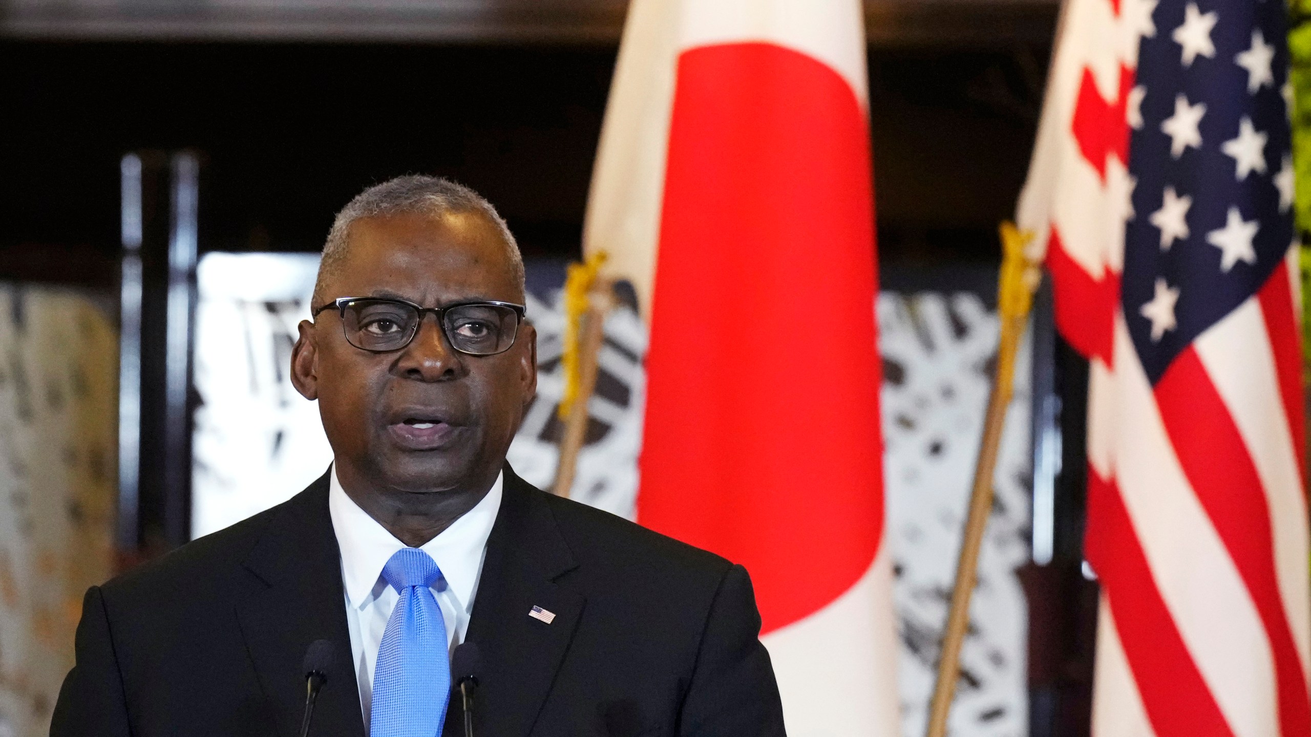 FILE - U.S. Defense Secretary Lloyd Austin speaks during a joint news conference with Secretary of State Antony Blinken, Japanese Defense Minister Minoru Kihara and Foreign Minister Yoko Kamikawa, at the Foreign Ministry's Iikura guesthouse in Tokyo, Sunday, July 28, 2024. (AP Photo/Hiro Komae, File)