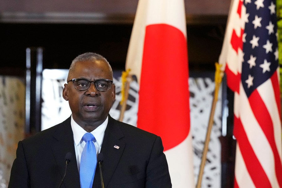 FILE - U.S. Defense Secretary Lloyd Austin speaks during a joint news conference with Secretary of State Antony Blinken, Japanese Defense Minister Minoru Kihara and Foreign Minister Yoko Kamikawa, at the Foreign Ministry's Iikura guesthouse in Tokyo, Sunday, July 28, 2024. (AP Photo/Hiro Komae, File)