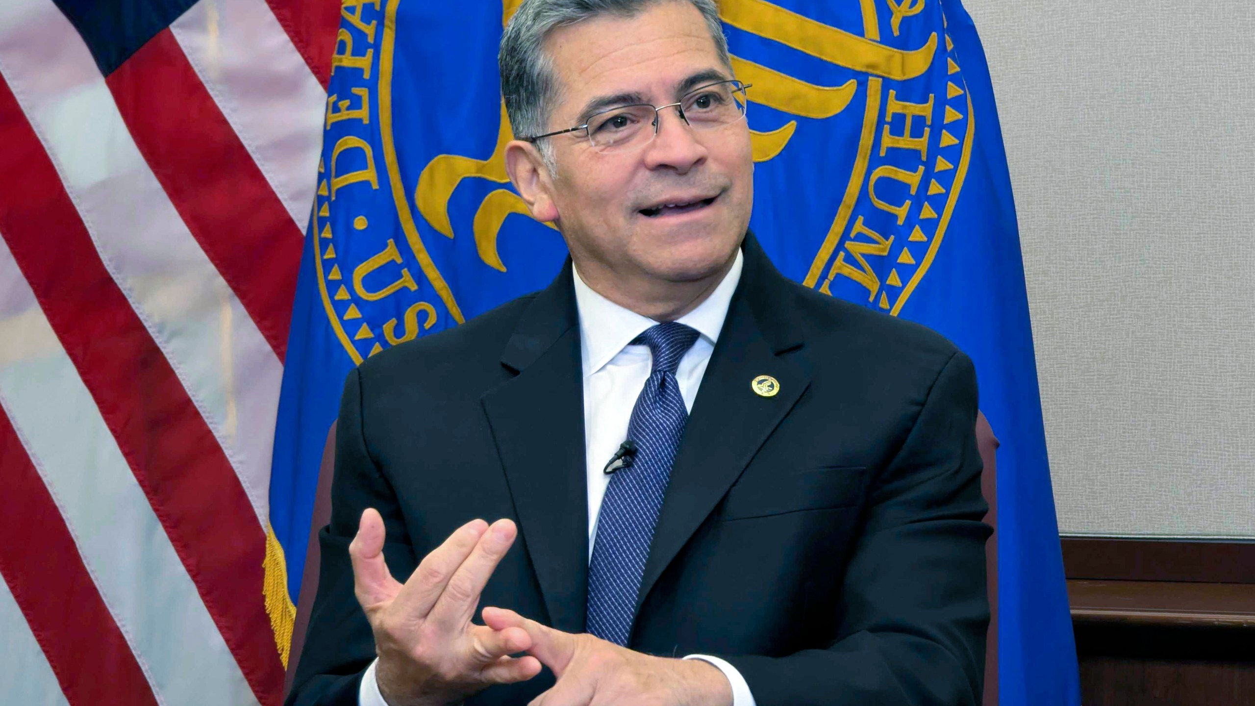 Secretary of the Department of Health and Human Services Xavier Becerra, speaks to The Associated Press, Wednesday, Jan. 8, 2024 in Washington. (AP Photo/Nathan Ellgren)