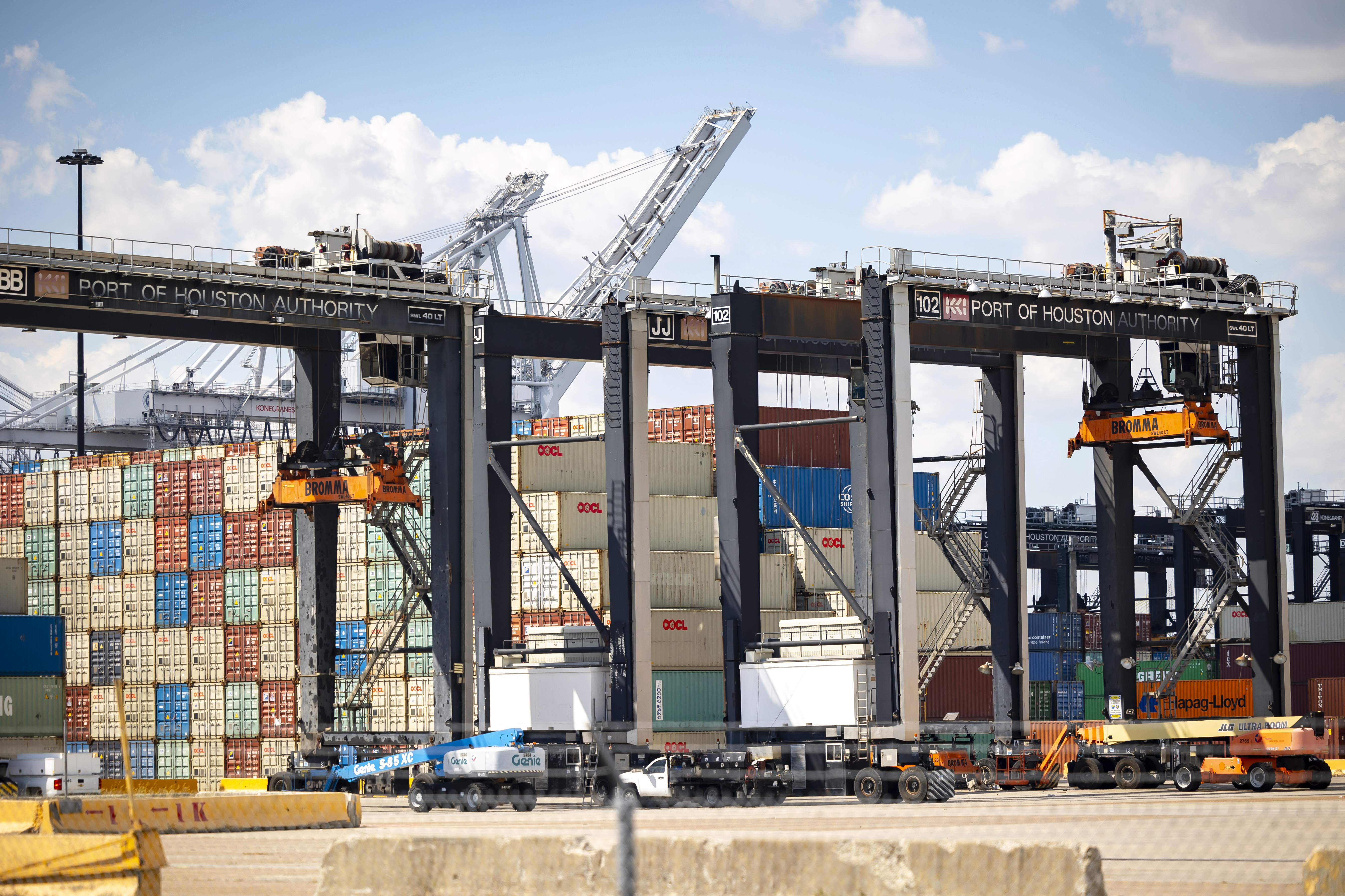 FILE - Work is completely stopped at the Barbours Cut Container Terminal during the first day of a dockworkers strike on Tuesday, Oct. 1, 2024, in Houston. (AP Photo/Annie Mulligan, File)