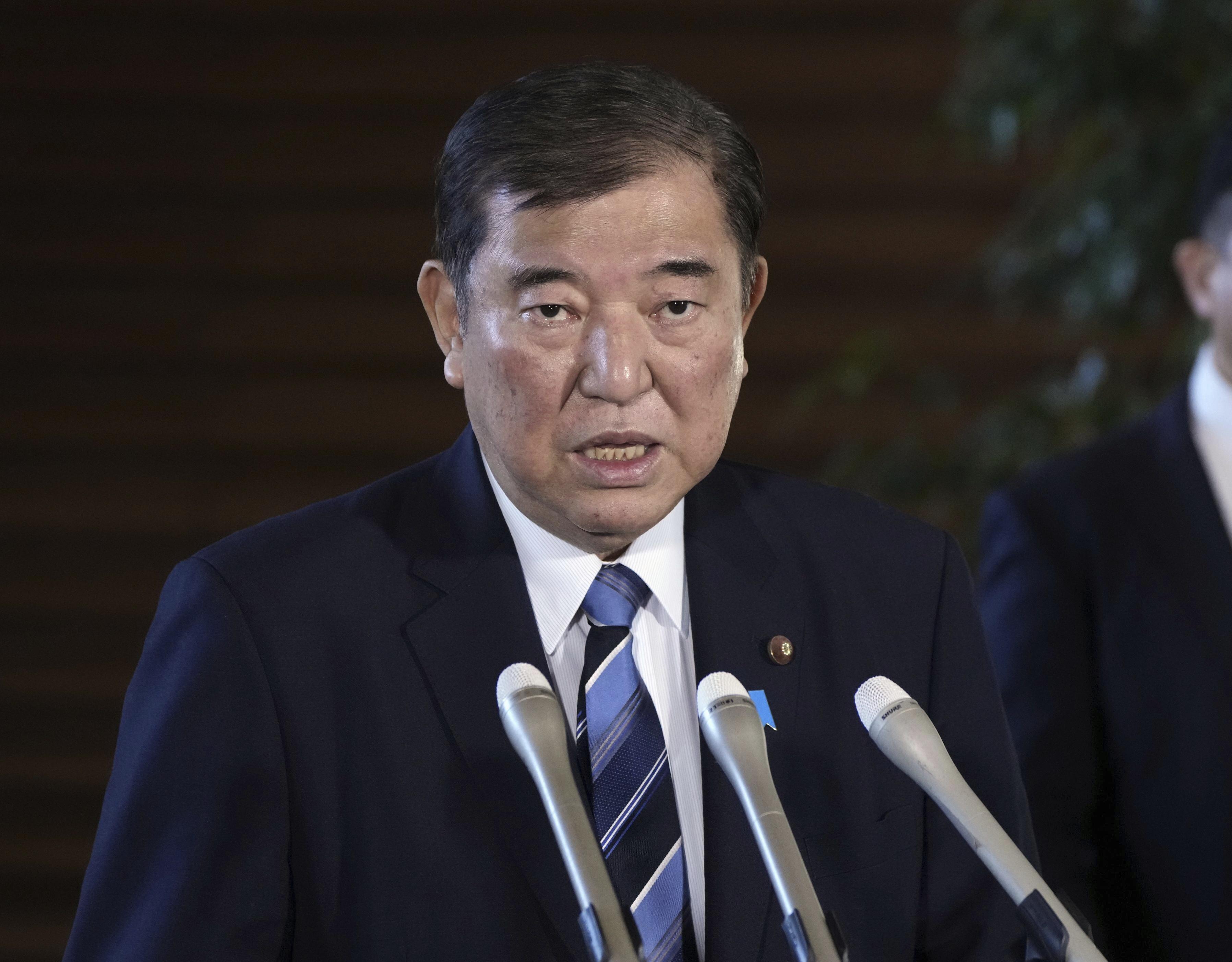 Japanese Prime Minister Shigeru Ishiba speaks to the media, ahead of his tour of Malaysia and Indonesia, at the prime minister's office in Tokyo, Jan. 9, 2025. (Kyodo News via AP)