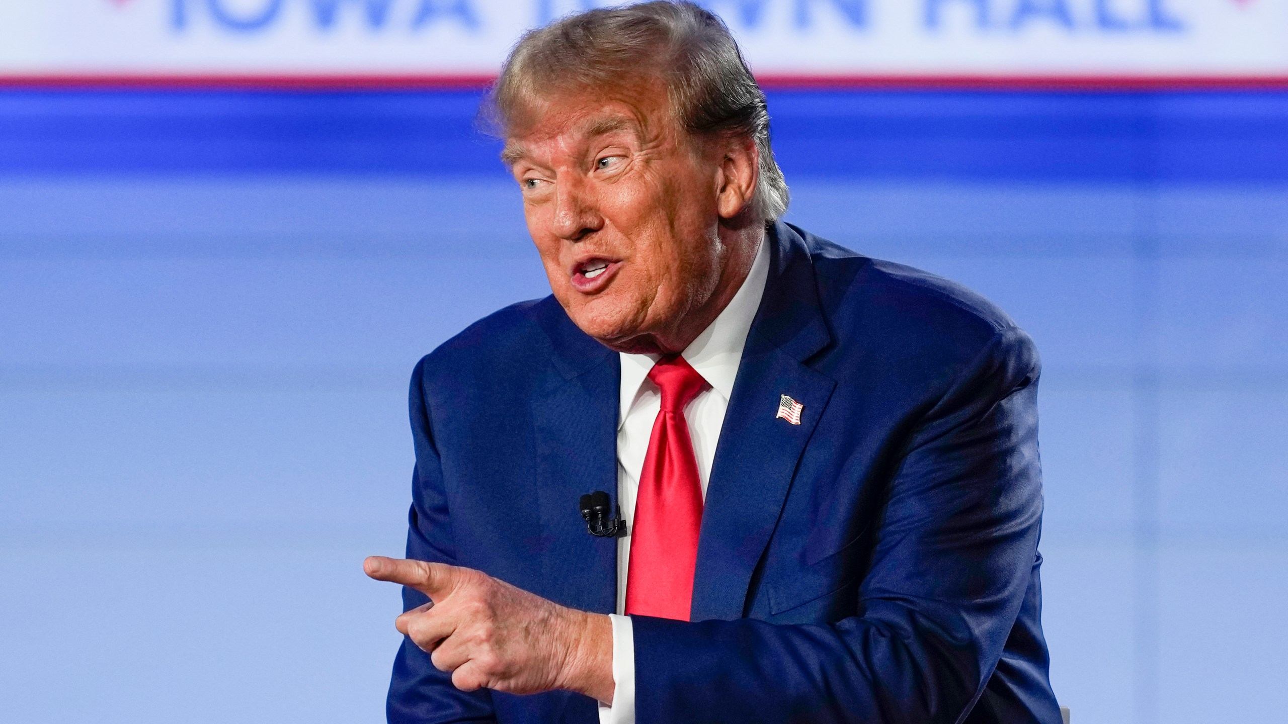 FILE - Republican presidential candidate former President Donald Trump speaks during a Fox News Channel town hall in Des Moines, Iowa, Jan. 10, 2024. (AP Photo/Carolyn Kaster, File)