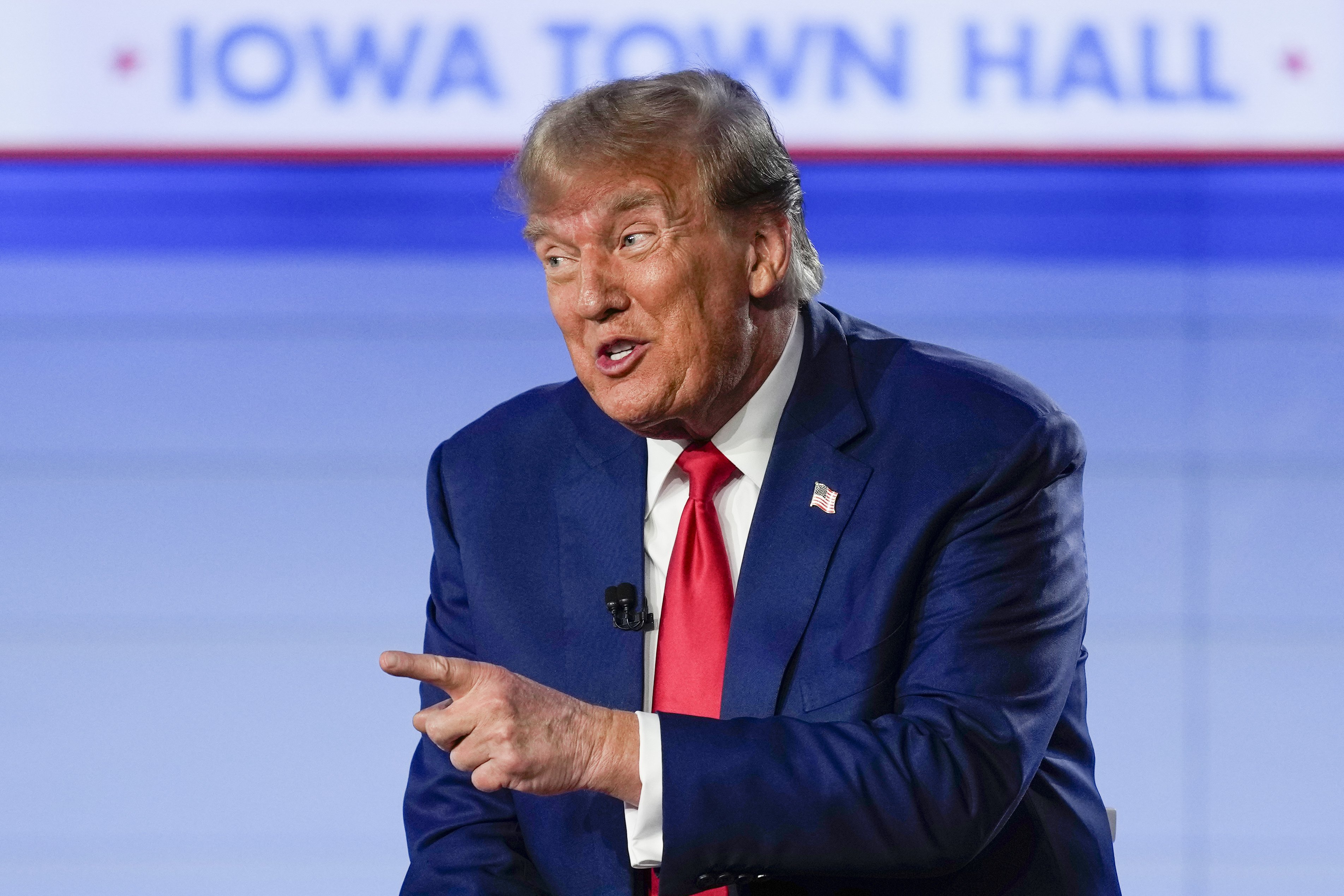 FILE - Republican presidential candidate former President Donald Trump speaks during a Fox News Channel town hall in Des Moines, Iowa, Jan. 10, 2024. (AP Photo/Carolyn Kaster, File)