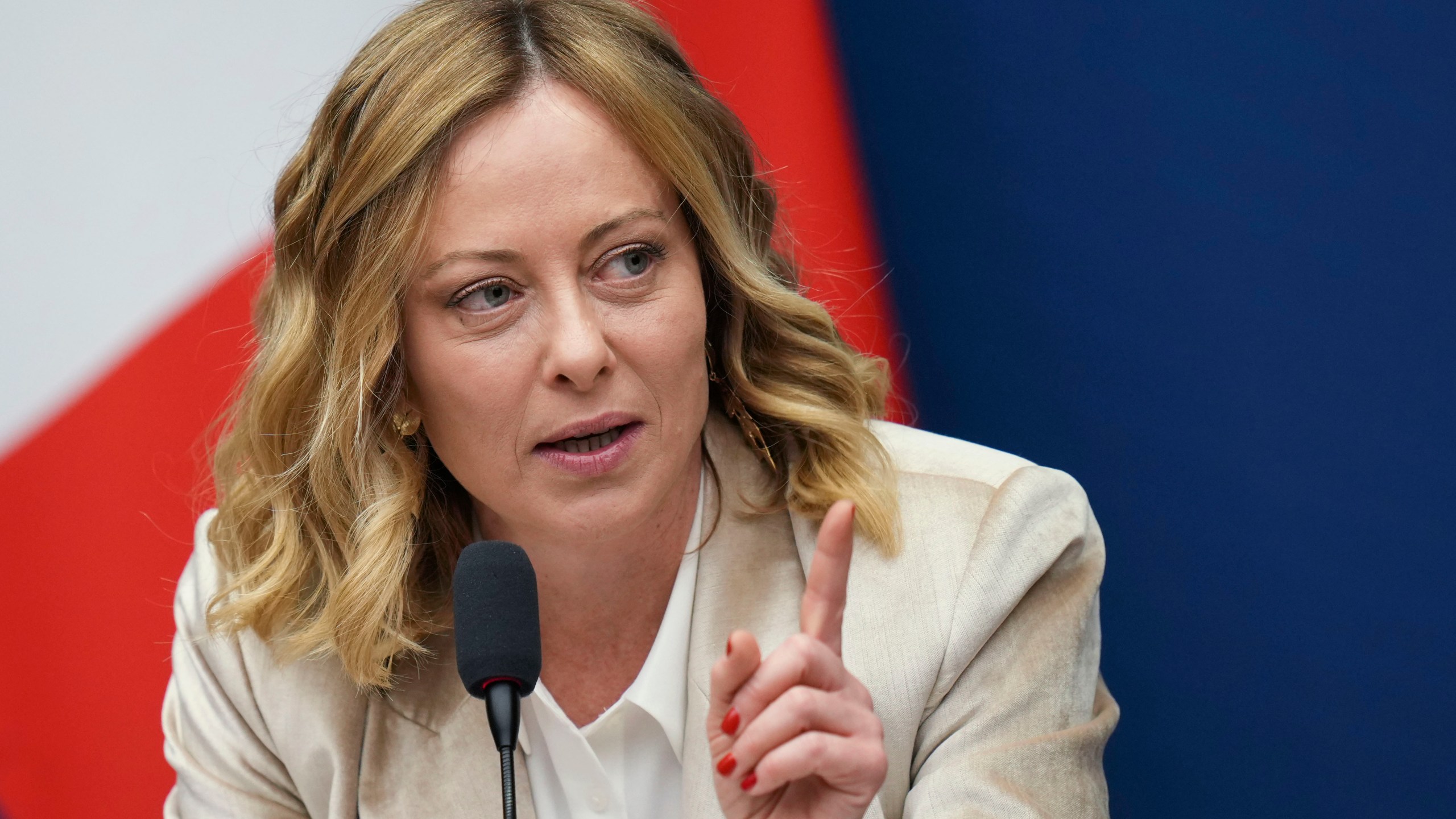 Italian Premier Giorgia Meloni holds the 2024 year-end press conference, in Rome, Thursday, Jan. 9, 2025. (AP Photo/Alessandra Tarantino)