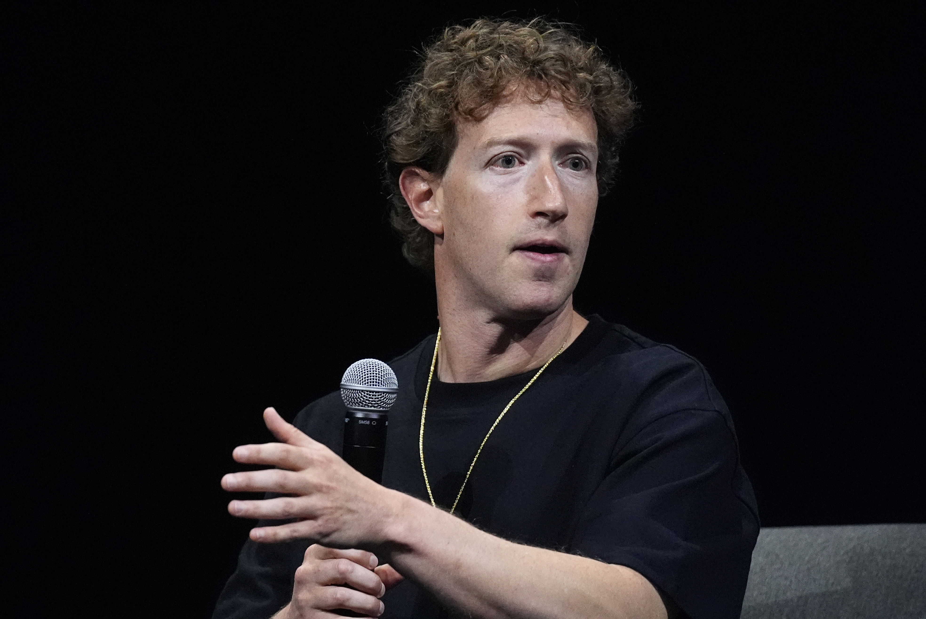 Mark Zuckerberg, chief executive officer of Meta, makes a point during an appearance at SIGGRAPH 2024, the premier conference on computer graphics and interactive techniques, Monday, July 29, 2024, in the Colorado Convention Center in downtown Denver. (AP Photo/David Zalubowski)