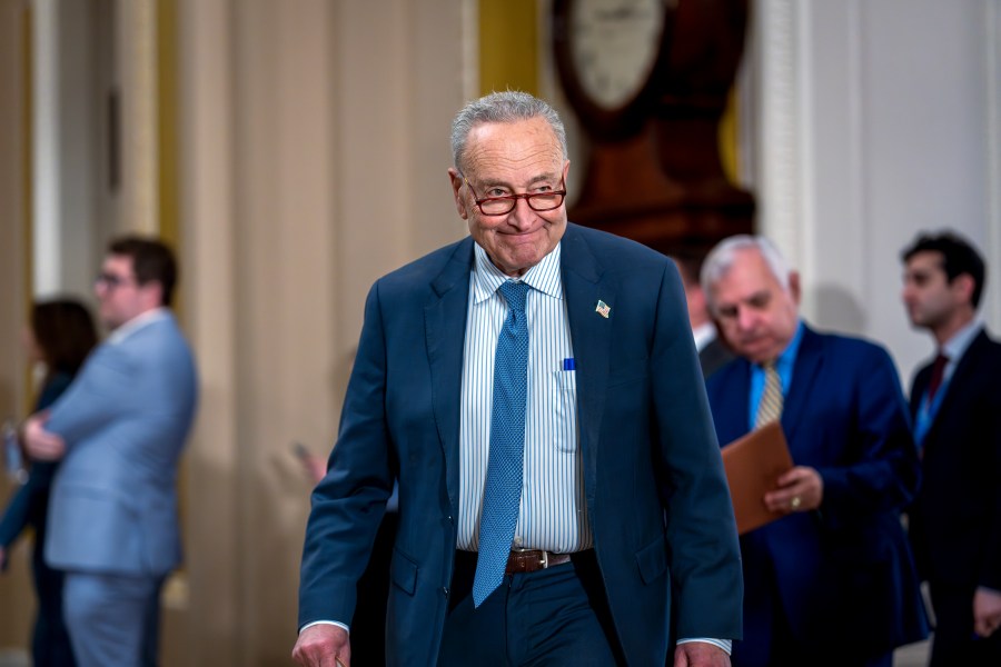 Senate Majority Leader Chuck Schumer, D-N.Y., arrives to update reporters on efforts to fund the government before the midnight Friday deadline, at the Capitol in Washington, Tuesday, Dec. 17, 2024. Congressional leaders are nearing the unveiling of an agreement that will keep the federal government funded through March 14 and provide more than $100 billion in emergency aid to help states and local communities recover from Hurricanes Helene and Milton, and other natural disasters. (AP Photo/J. Scott Applewhite)