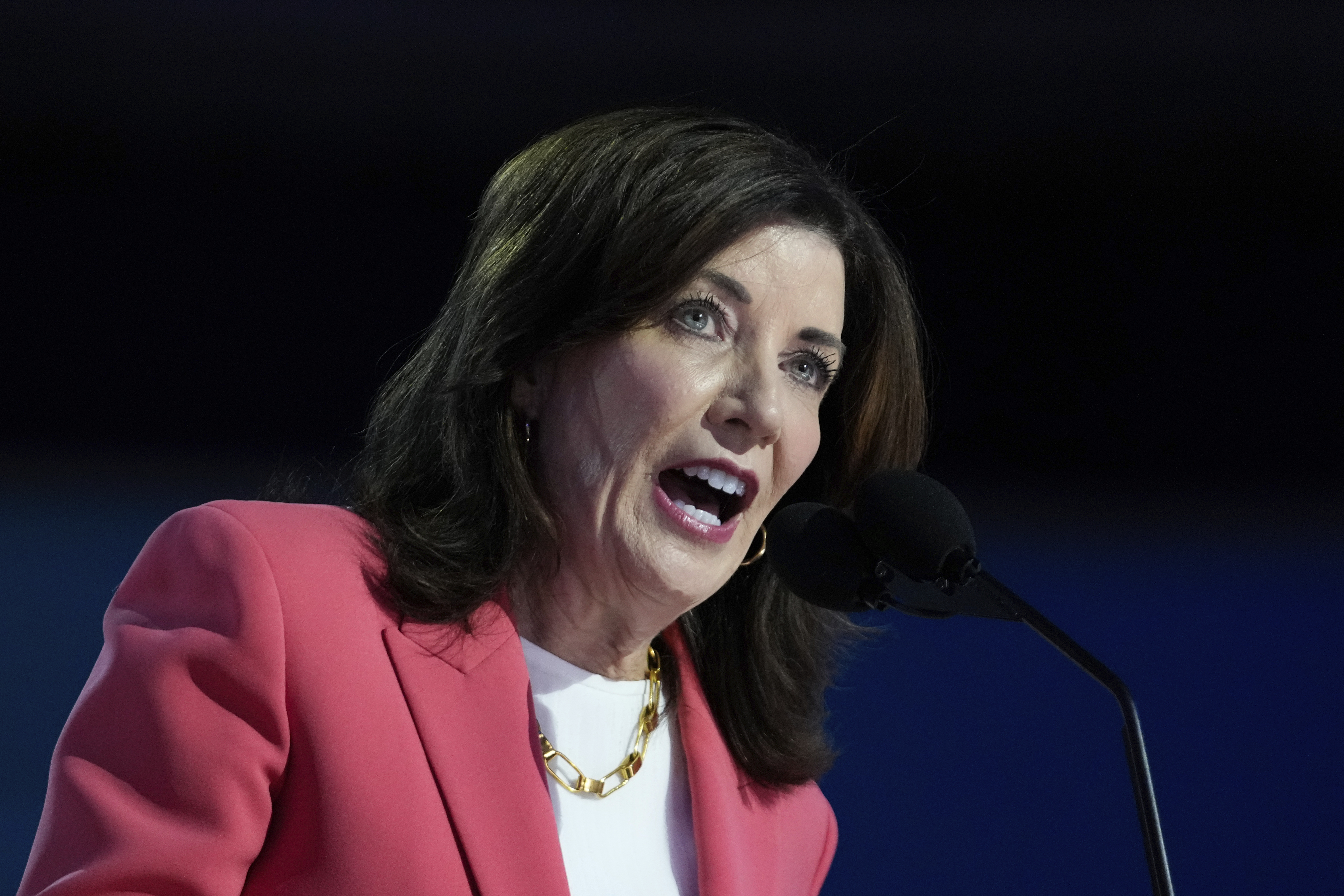 FILE - New York Gov. Kathy Hochul speaks during the Democratic National Convention, Aug. 19, 2024, in Chicago. (AP Photo/Paul Sancya, file)