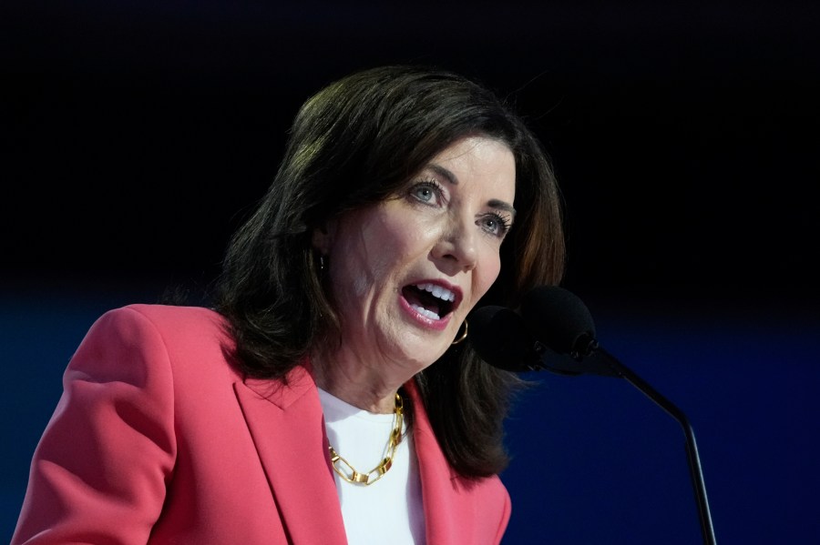 FILE - New York Gov. Kathy Hochul speaks during the Democratic National Convention, Aug. 19, 2024, in Chicago. (AP Photo/Paul Sancya, file)