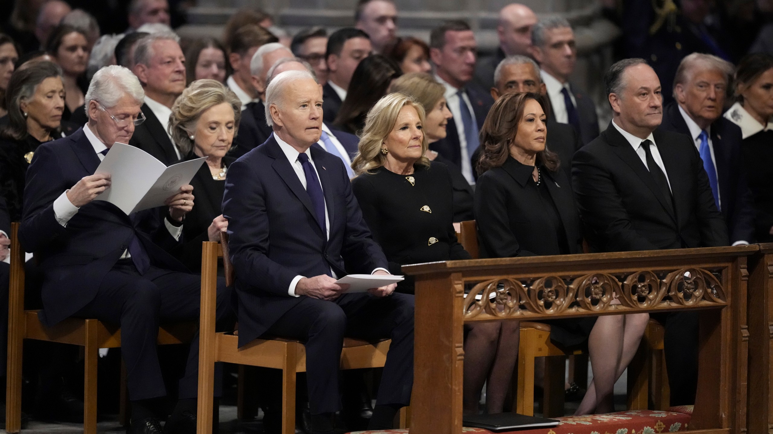 President Joe Biden, first lady Jill Biden, Vice President Kamala Harris, second gentleman Doug Emhoff, former President Bill Clinton, former first lady Hillary Clinton, former President George W.Bush, former first lady Laura Bush, former President Barack Obama, former President and President-elect Donald Trump, former first lady Melania Trump, former Vice President Al Gore, former Vice President Mike Pence and others, attend the State Funeral for former President Jimmy Carter at Washington National Cathedral in Washington, Thursday, Jan. 9, 2025. (AP Photo/Ben Curtis)