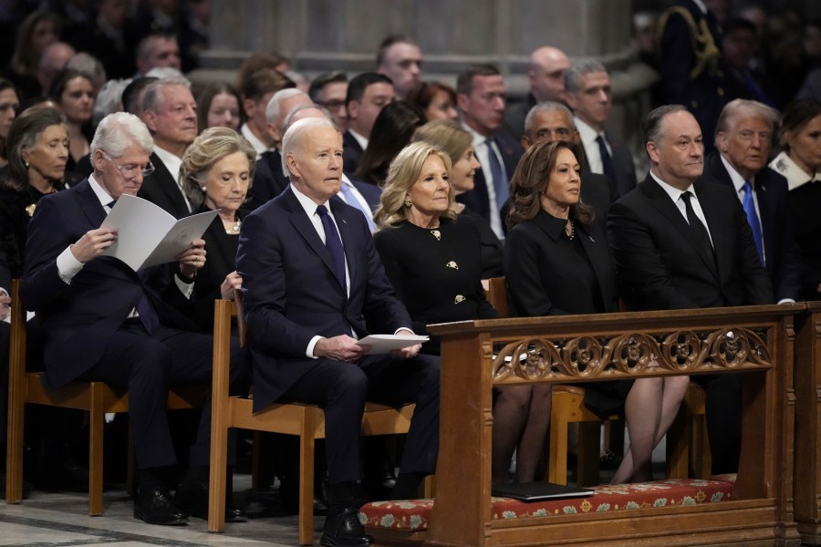 President Joe Biden, first lady Jill Biden, Vice President Kamala Harris, second gentleman Doug Emhoff, former President Bill Clinton, former first lady Hillary Clinton, former President George W.Bush, former first lady Laura Bush, former President Barack Obama, former President and President-elect Donald Trump, former first lady Melania Trump, former Vice President Al Gore, former Vice President Mike Pence and others, attend the State Funeral for former President Jimmy Carter at Washington National Cathedral in Washington, Thursday, Jan. 9, 2025. (AP Photo/Ben Curtis)