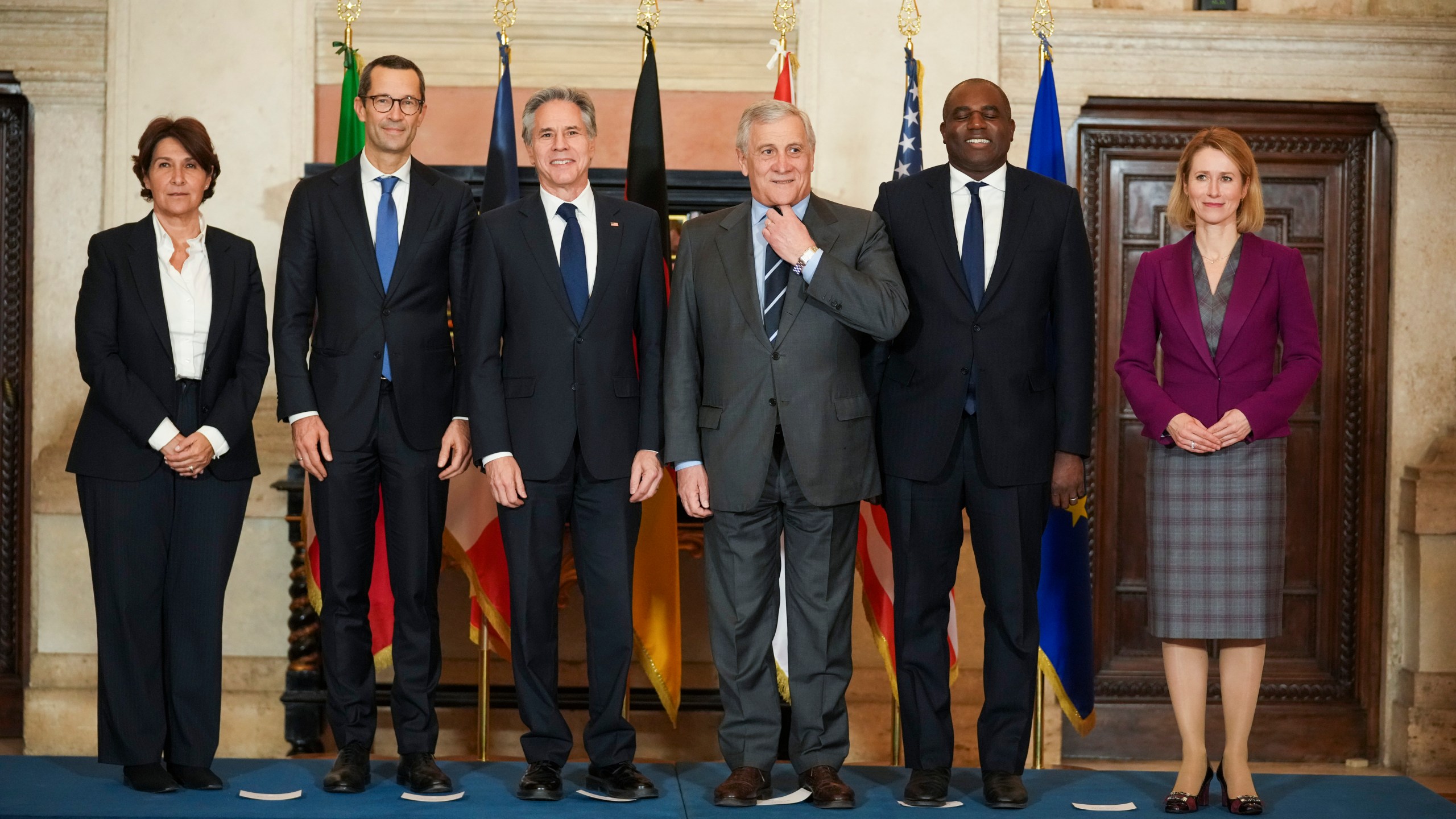 From left, Anne Grillo, Director of the Middle East and North Africa Department at the French Ministry of Foreign Affairs, Günter Sautter, German Political Director of the Ministry of Foreign Affairs, United States Secretary of State Antony Blinken, Italian Foreign Minister Antonio Tajani, Britain's Foreign Secretary David Lammy, and EU High Representative for Foreign Affairs and Security Policy Kaja Kallas, pose for a family photo during a meeting, Thursday, Jan. 9, 2025, at Rome's Villa Madama, on the situation in Syria after the collapse of the Assad regime. (AP Photo/Andrew Medichini