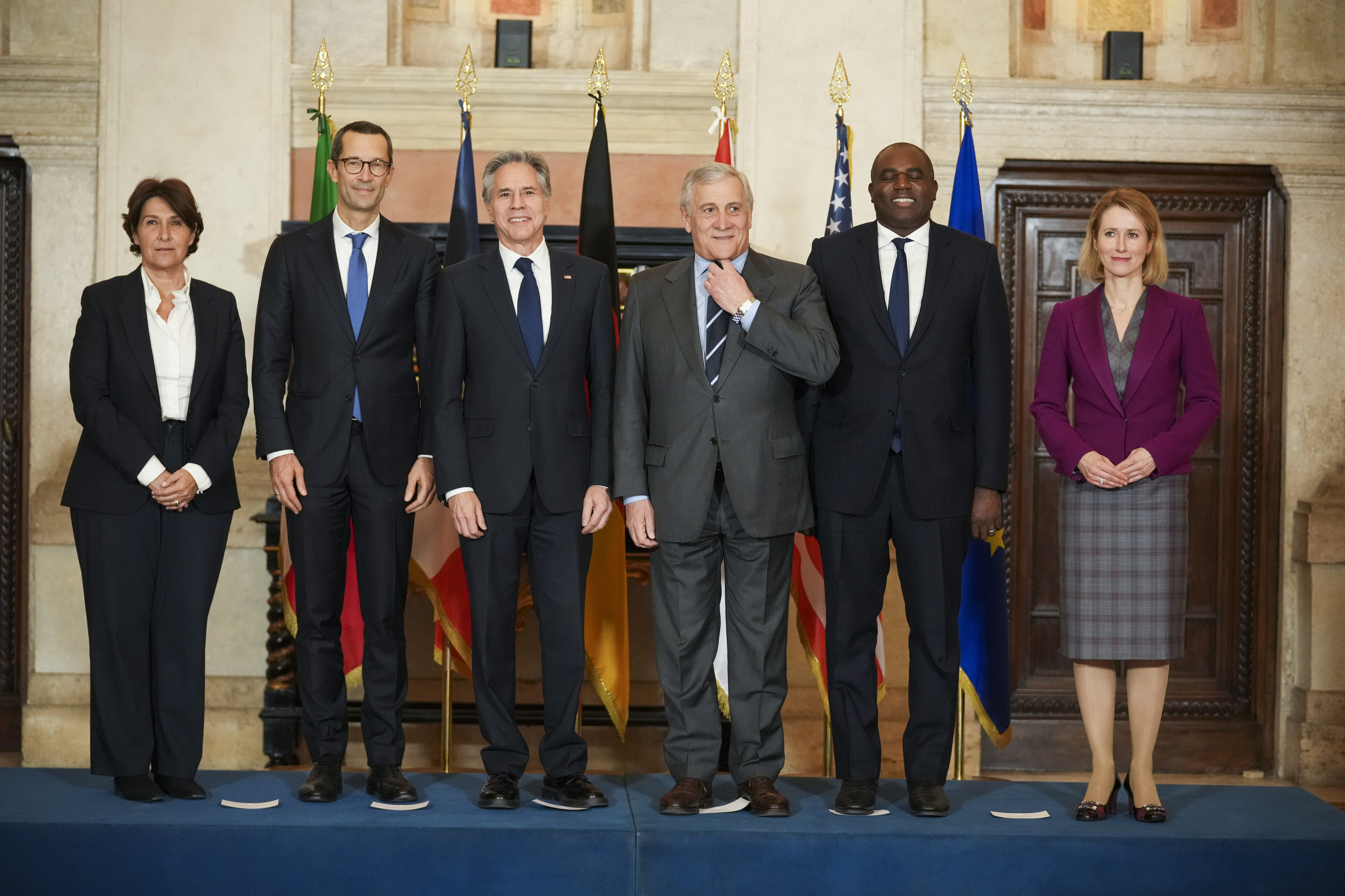 From left, Anne Grillo, Director of the Middle East and North Africa Department at the French Ministry of Foreign Affairs, Günter Sautter, German Political Director of the Ministry of Foreign Affairs, United States Secretary of State Antony Blinken, Italian Foreign Minister Antonio Tajani, Britain's Foreign Secretary David Lammy, and EU High Representative for Foreign Affairs and Security Policy Kaja Kallas, pose for a family photo during a meeting, Thursday, Jan. 9, 2025, at Rome's Villa Madama, on the situation in Syria after the collapse of the Assad regime. (AP Photo/Andrew Medichini