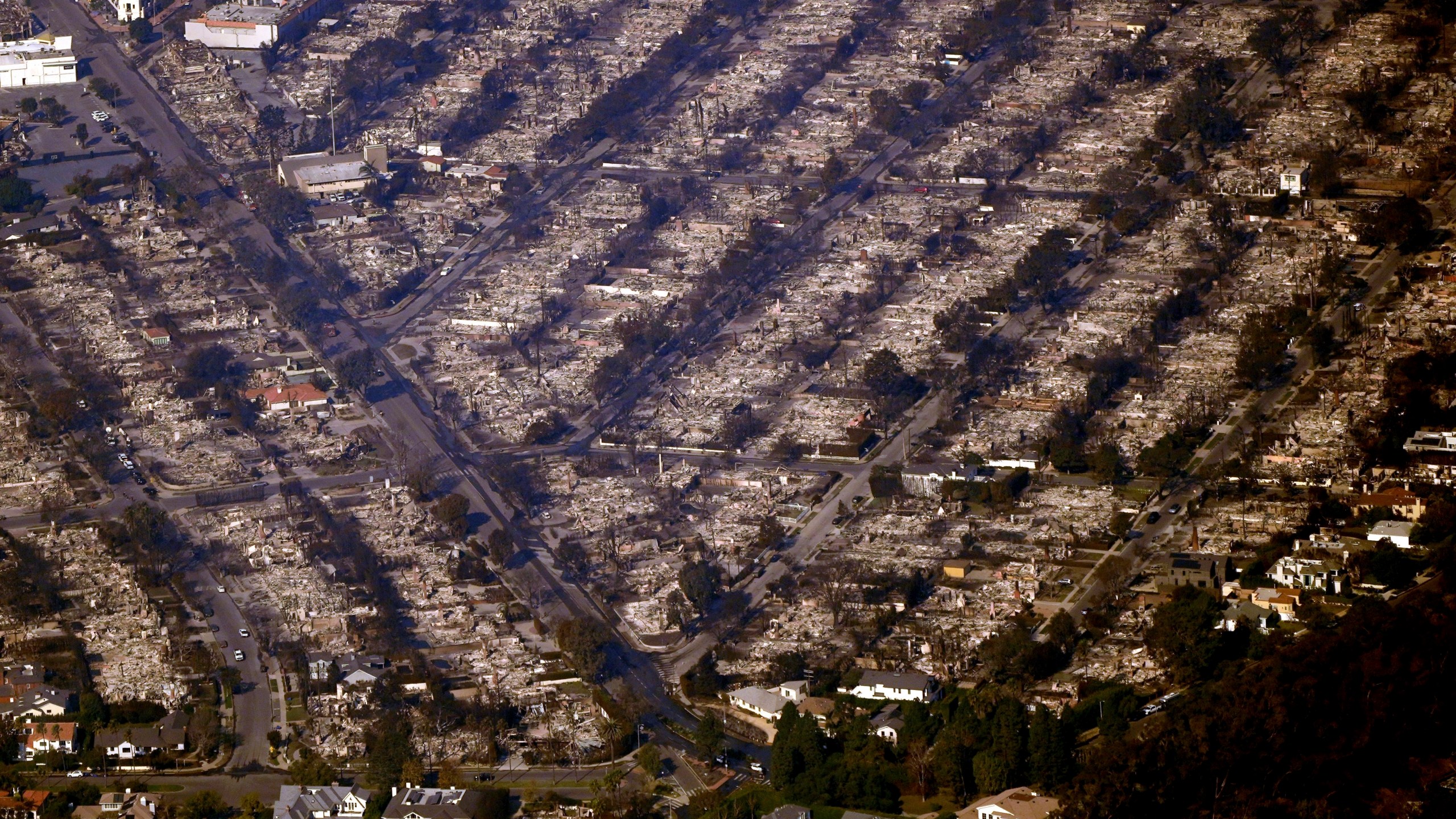 Homes are seen burned while a few still stand, Thursday, Jan. 9, 2025, in the Pacific Palisades section of Los Angeles. (AP Photo/Mark J. Terrill)