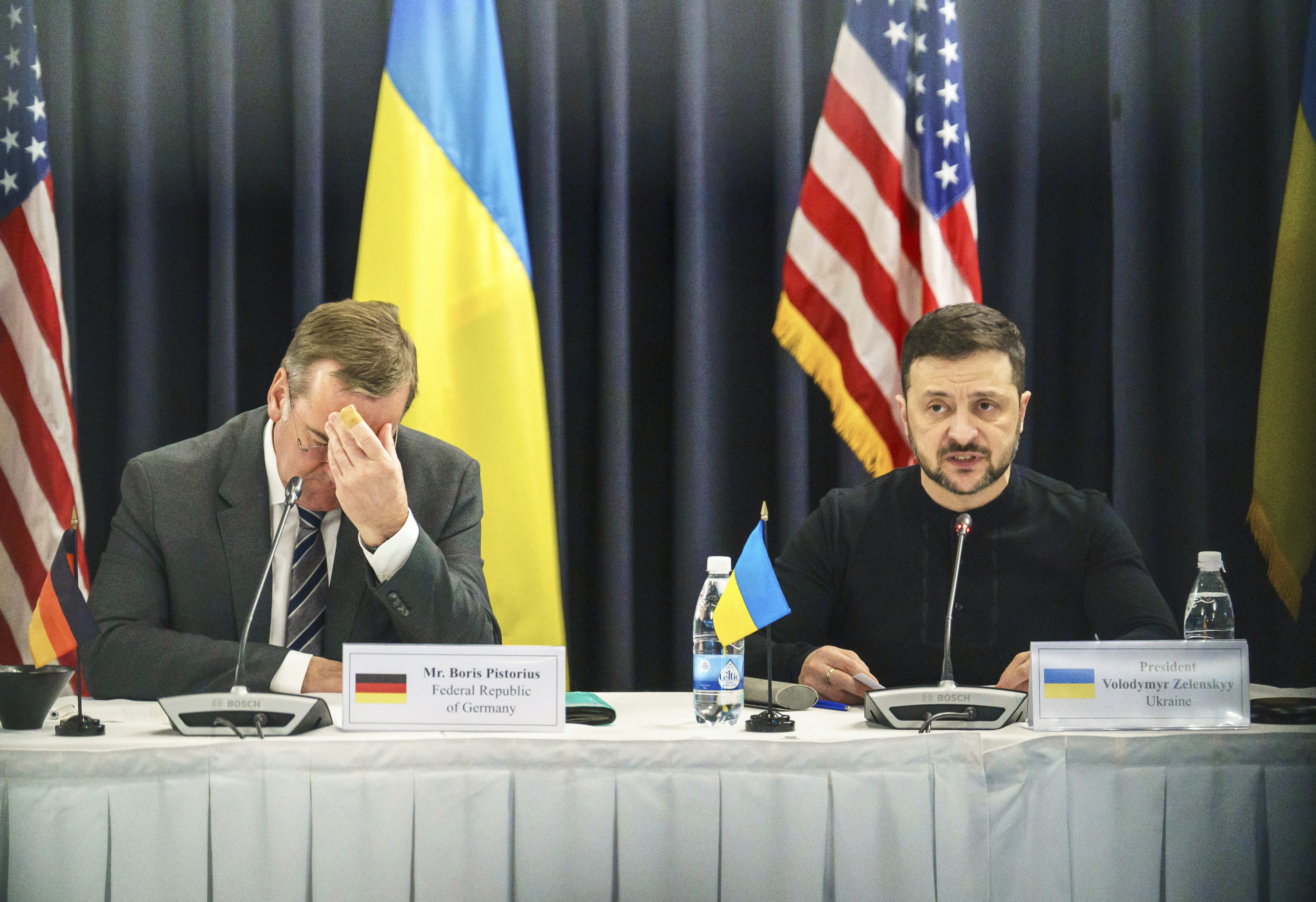 Ukrainian President Volodymyr Zelenskyy, right, and German Defence Minister Boris Pistorius attend a meeting of the Ukraine Contact Group at Ramstein Air Base, Germany, Thursday, Jan. 9, 2025. (Marijan Murat/dpa via AP)