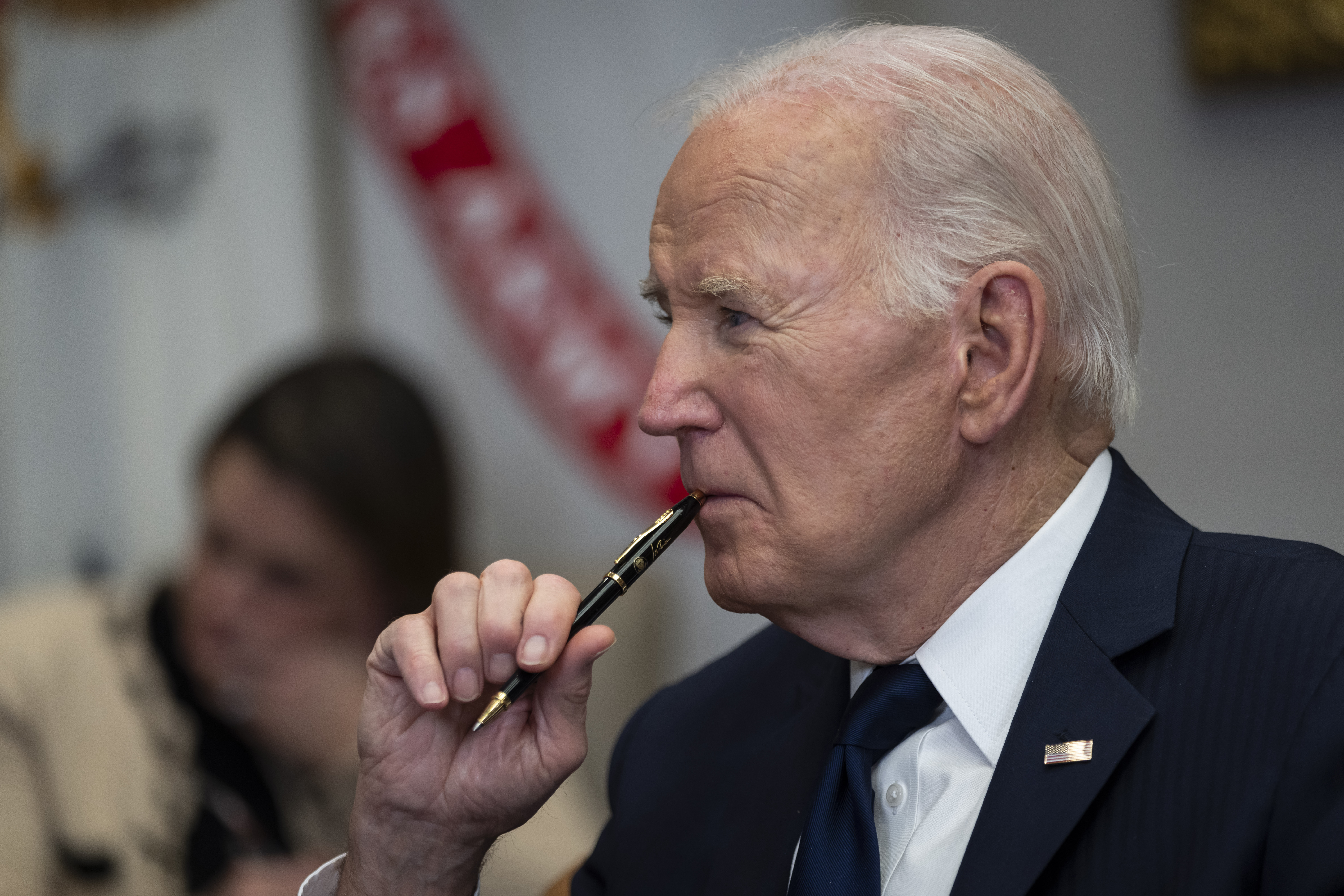 President Joe Biden listens during a briefing regarding the federal response to the spread of wildfires in the Los Angeles area, in the Roosevelt Room at the White House in Washington, Thursday, Jan. 9, 2025. (AP Photo/Ben Curtis)