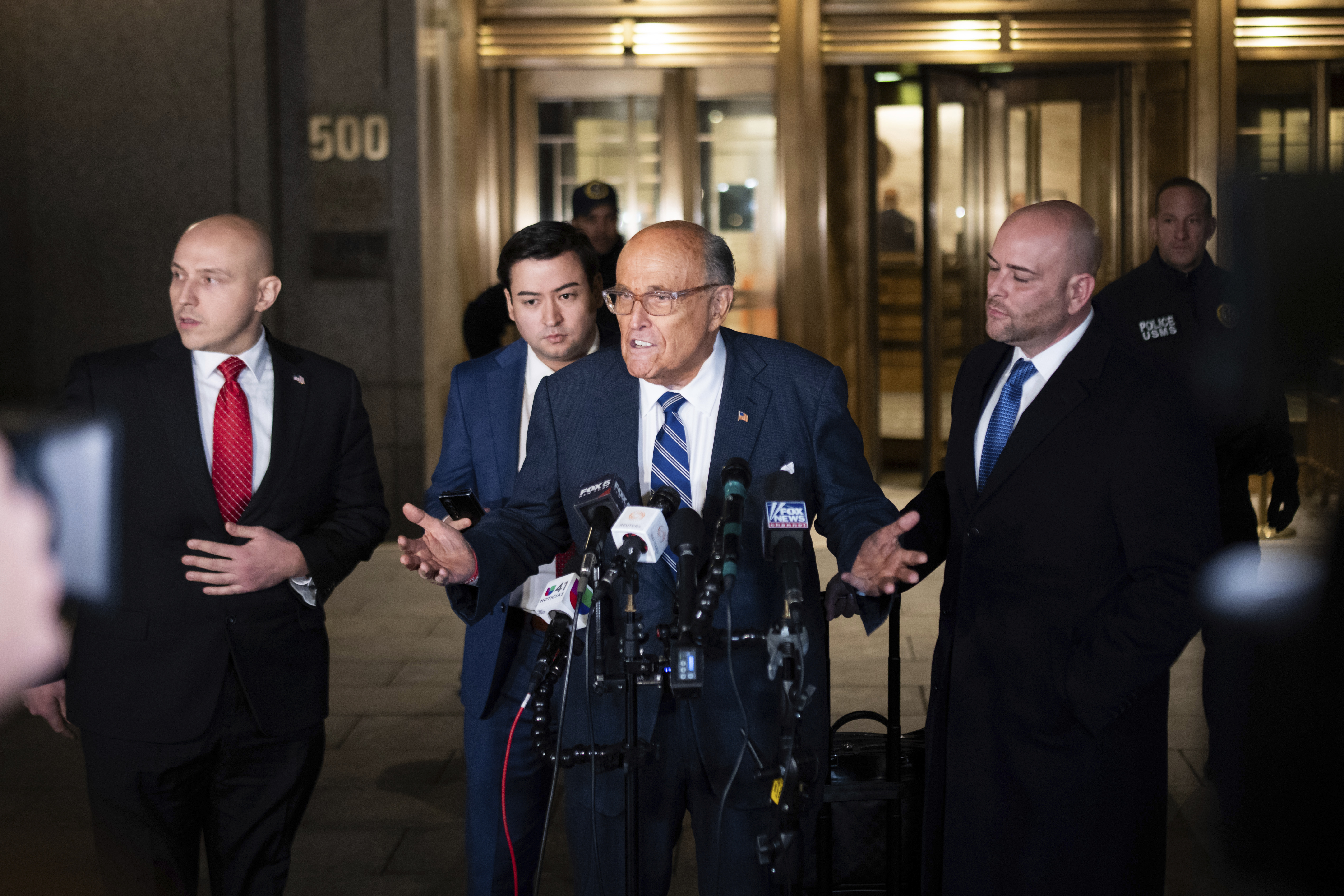 Rudy Giuliani speaks to the media outside of Manhattan federal court in New York, on Friday, Jan. 3, 2025. (AP Photo/Adam Gray)