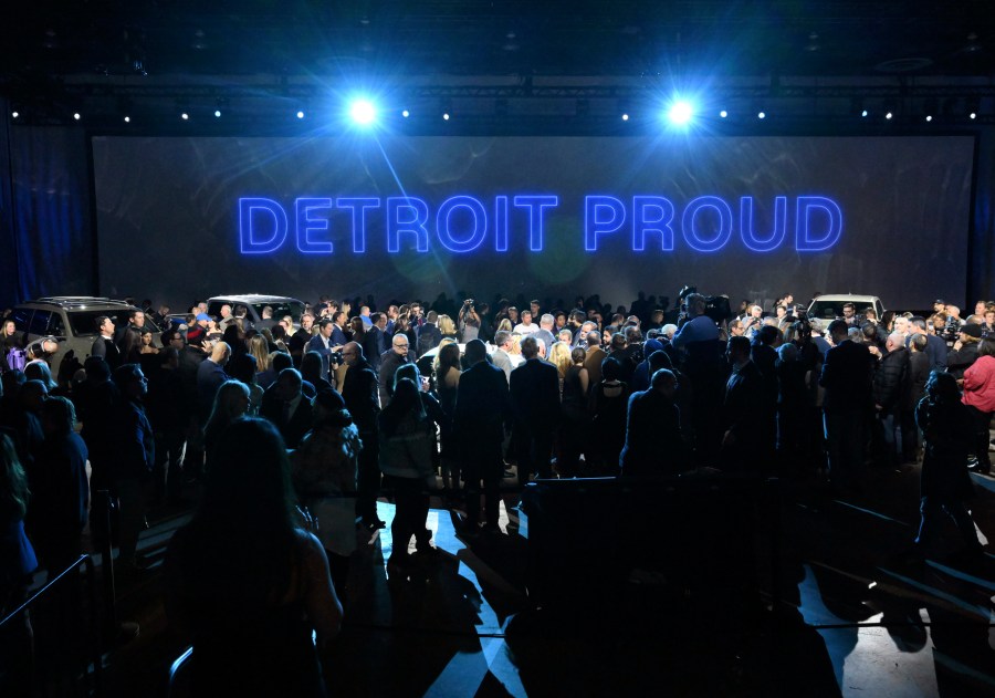 Ford shows off some its vehicles before the start of the Detroit Auto Show at Huntington Place in Detroit, Thursday, Jan. 9, 2025. (Daniel Mears/Detroit News via AP)