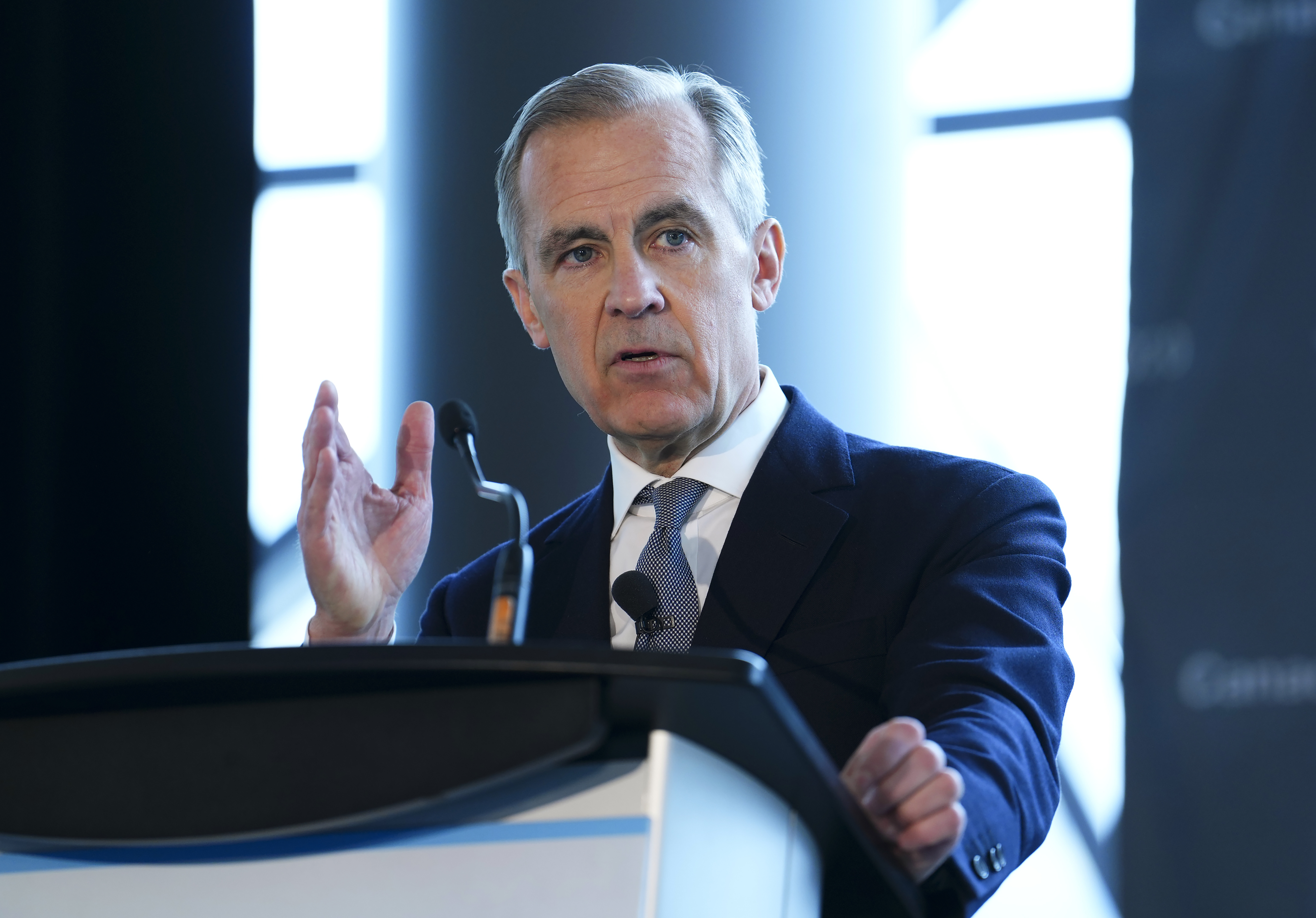 FILE - Canada 2020 Advisory Board Chair and former Governor of the Bank of Canada and Bank of England Mark Carney speaks during the Canada 2020 Net-Zero Leadership Summit in Ottawa on Wednesday, April 19, 2023. (Sean Kilpatrick/The Canadian Press via AP, File)