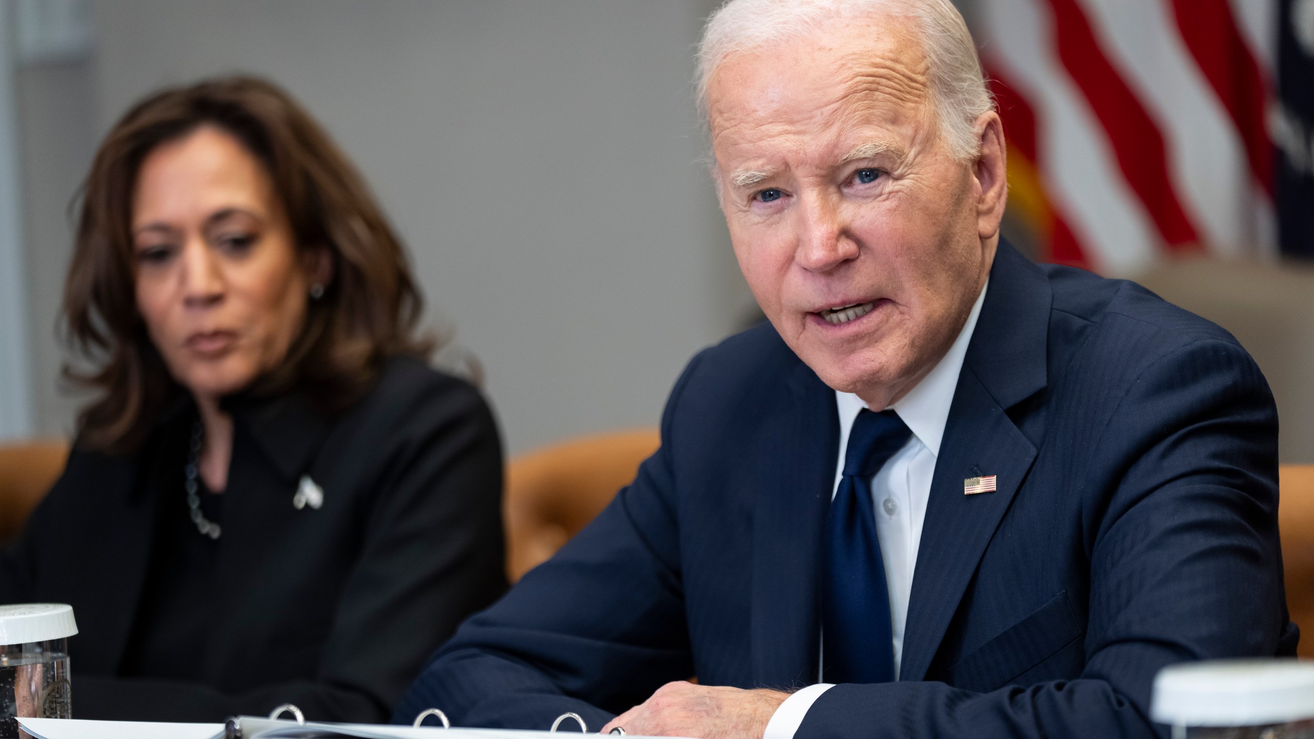 President Joe Biden and Vice President Kamala Harris lead a briefing regarding the federal response to the spread of wildfires in the Los Angeles area, in the Roosevelt Room at the White House in Washington, Thursday, Jan. 9, 2025. (AP Photo/Ben Curtis)